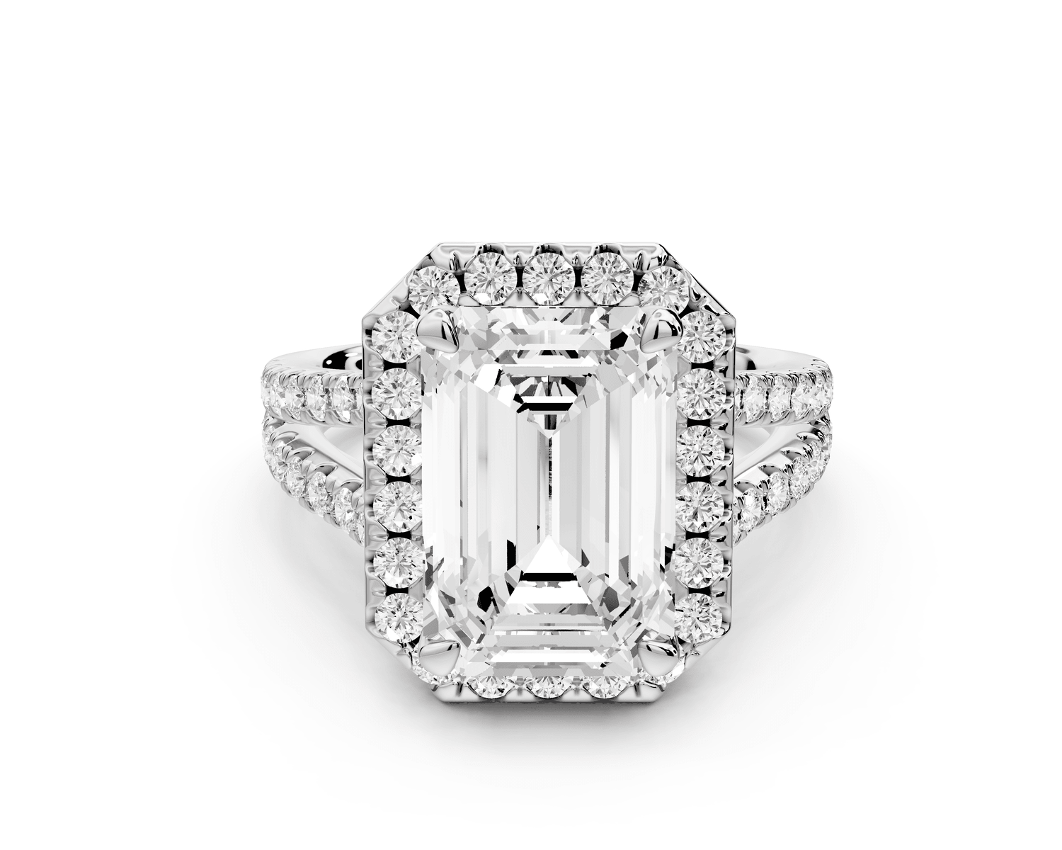 Gabrielle - 4ct 18k white gold emerald Diamond Graduated Halo Pavé Split Shank Engagement Ring - Mr. Alex Jewelry