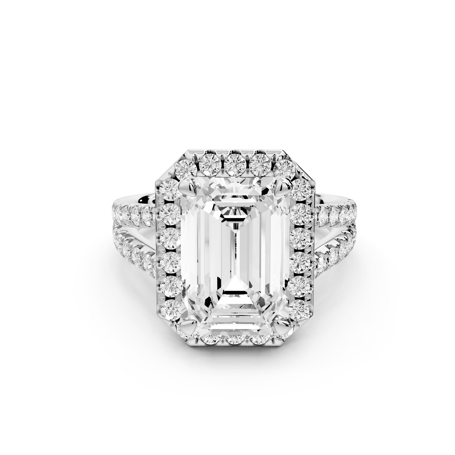 Gabrielle - 4ct 18k white gold emerald Diamond Graduated Halo Pavé Split Shank Engagement Ring - Mr. Alex Jewelry