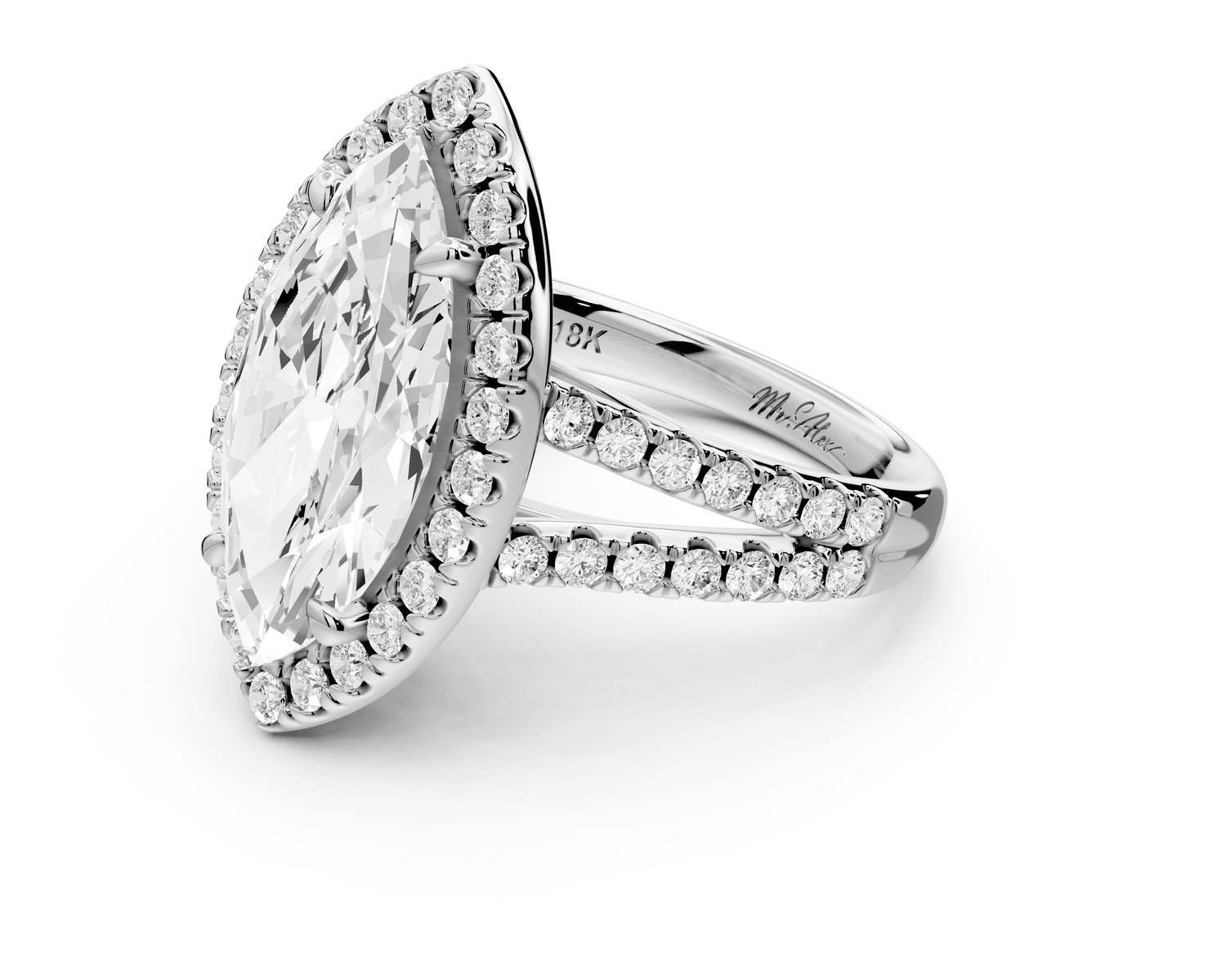 Gabrielle - 4ct 18k white gold marquise Diamond Graduated Halo Pavé Split Shank Engagement Ring - Mr. Alex Jewelry