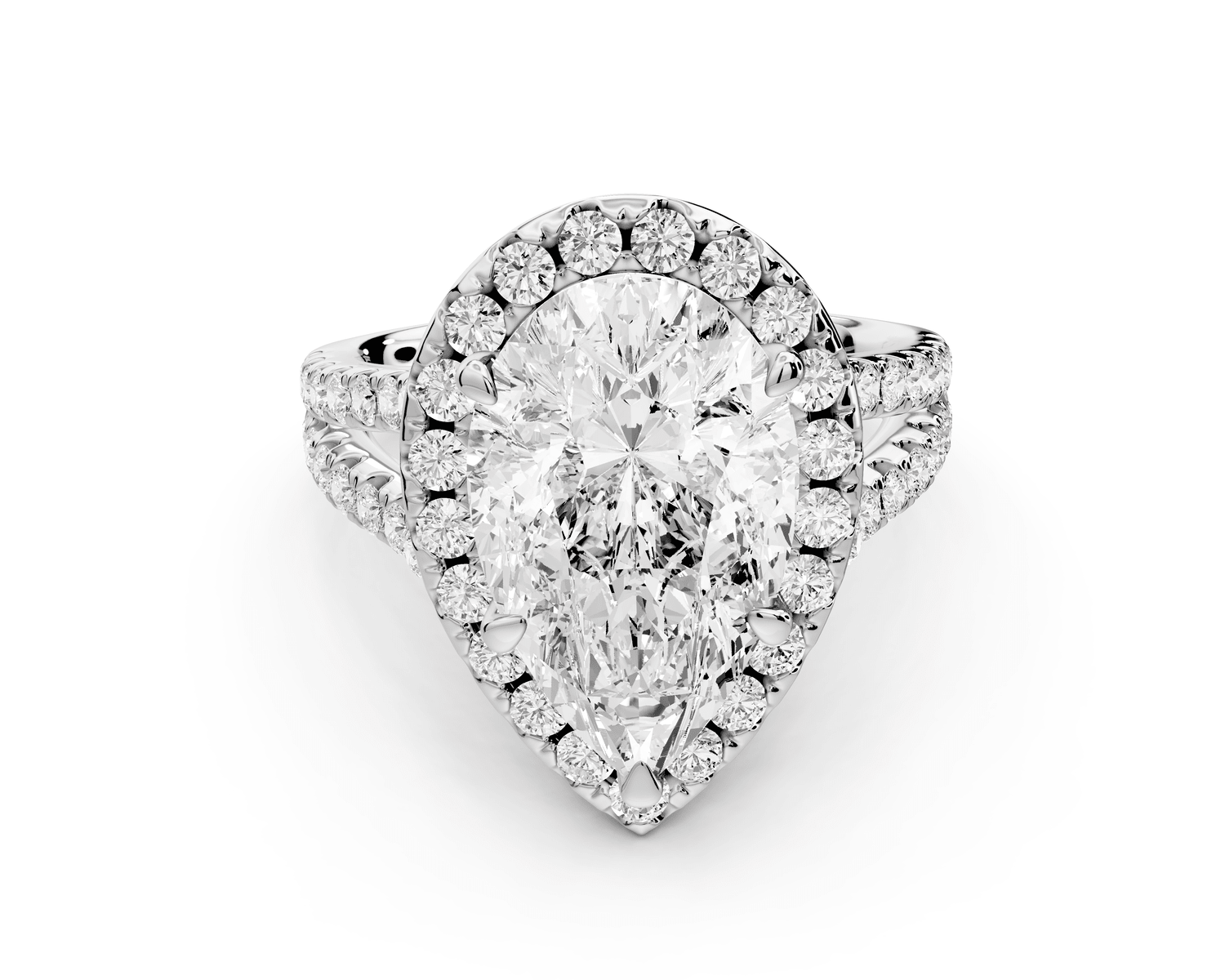 Gabrielle - 4ct 18k white gold pear Diamond Graduated Halo Pavé Split Shank Engagement Ring - Mr. Alex Jewelry