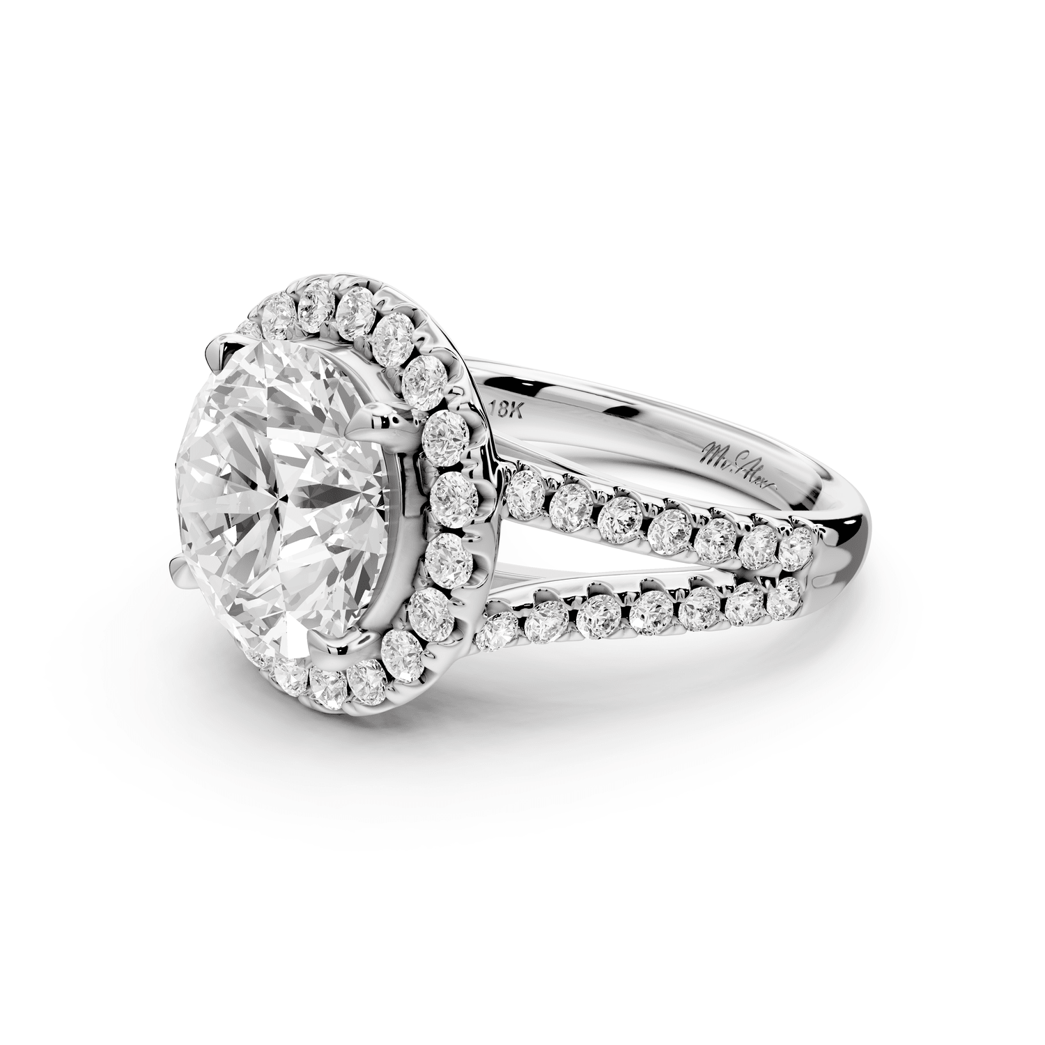 Gabrielle - 4ct 18k white gold round Diamond Graduated Halo Pavé Split Shank Engagement Ring - Mr. Alex Jewelry