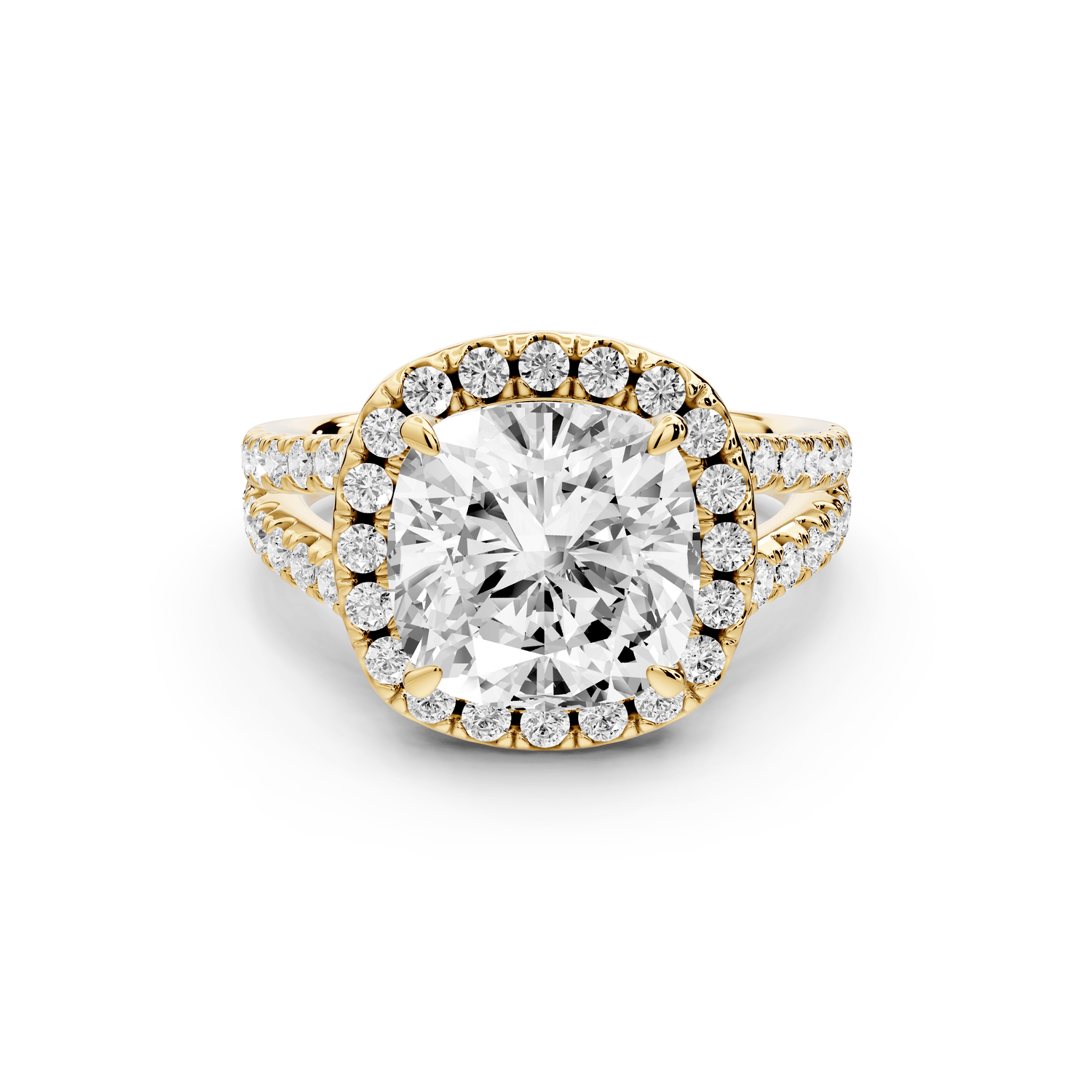 Gabrielle - 4ct 18k yellow gold cushion Diamond Graduated Halo Pavé Split Shank Engagement Ring - Mr. Alex Jewelry