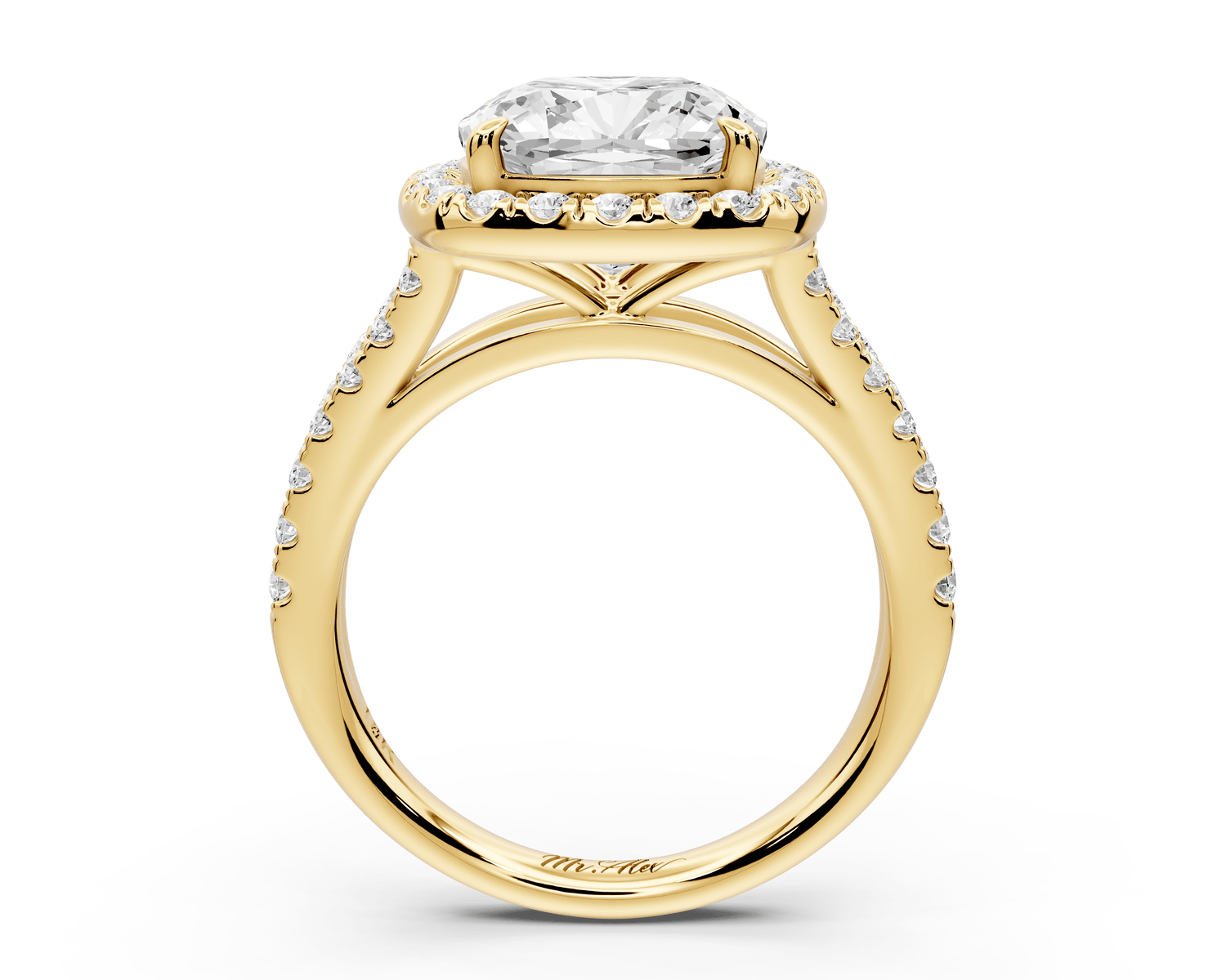 Gabrielle - 4ct 18k yellow gold cushion Diamond Graduated Halo Pavé Split Shank Engagement Ring - Mr. Alex Jewelry