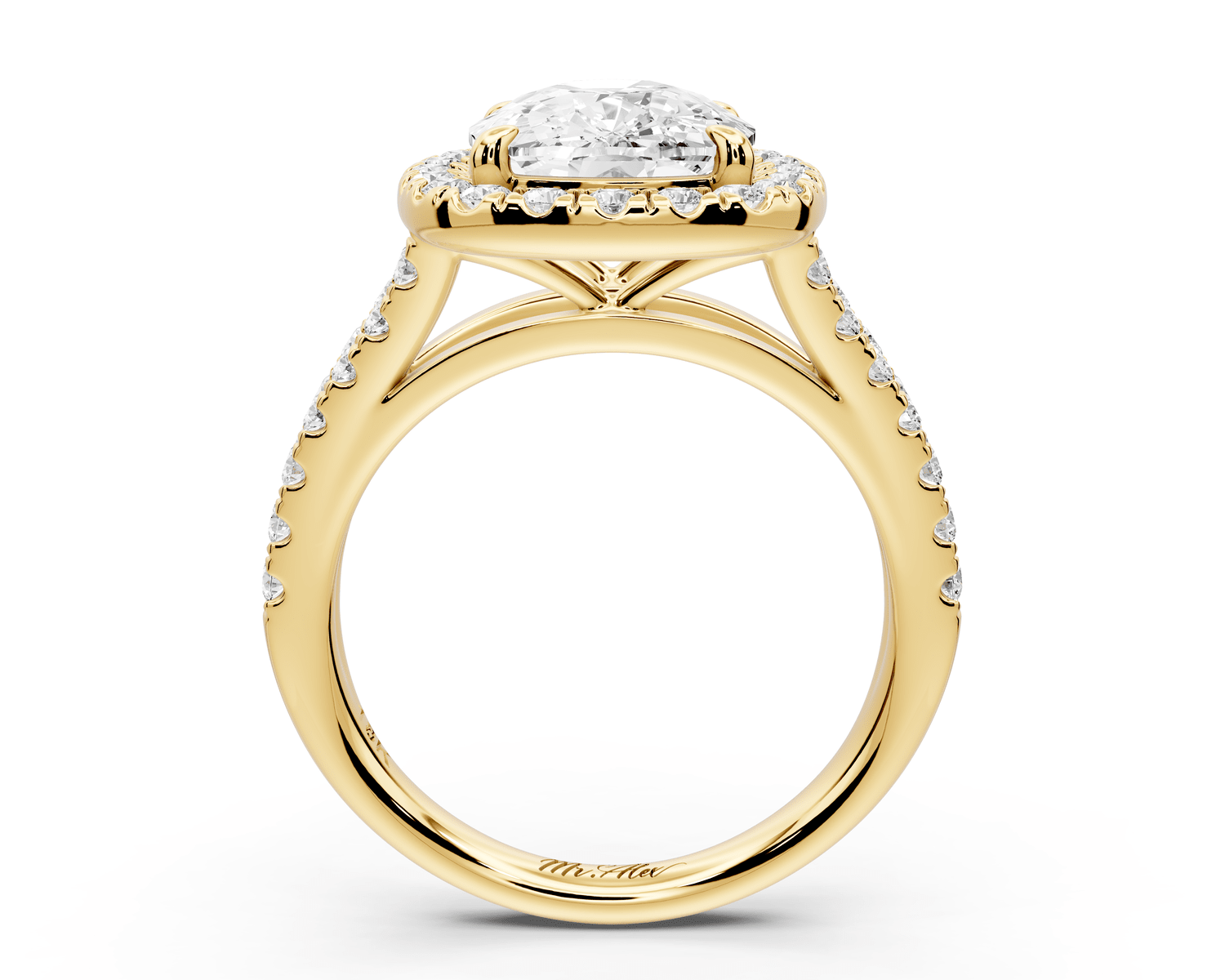 Gabrielle - 4ct 18k yellow gold ecushion Diamond Graduated Halo Pavé Split Shank Engagement Ring - Mr. Alex Jewelry
