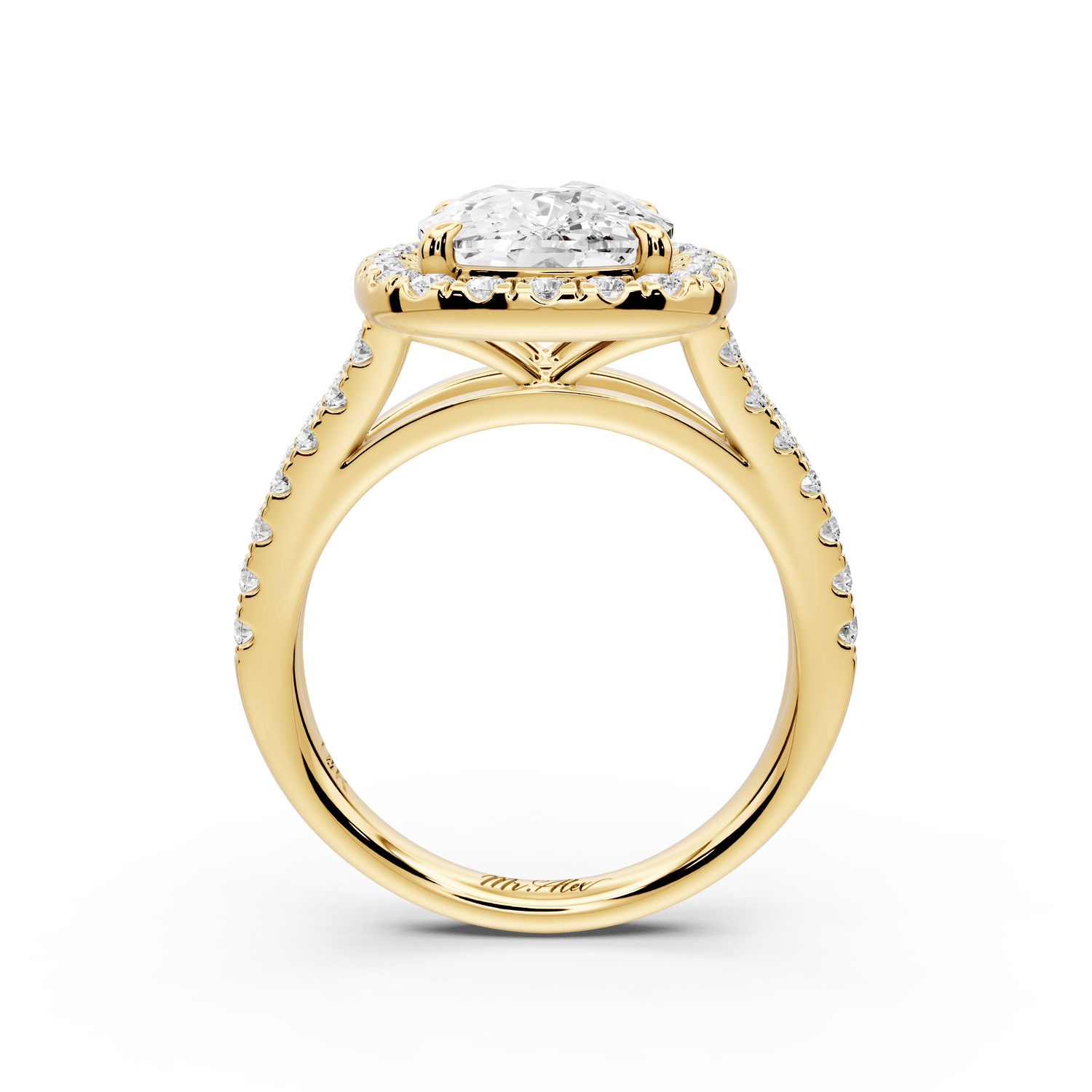 Gabrielle - 4ct 18k yellow gold ecushion Diamond Graduated Halo Pavé Split Shank Engagement Ring - Mr. Alex Jewelry