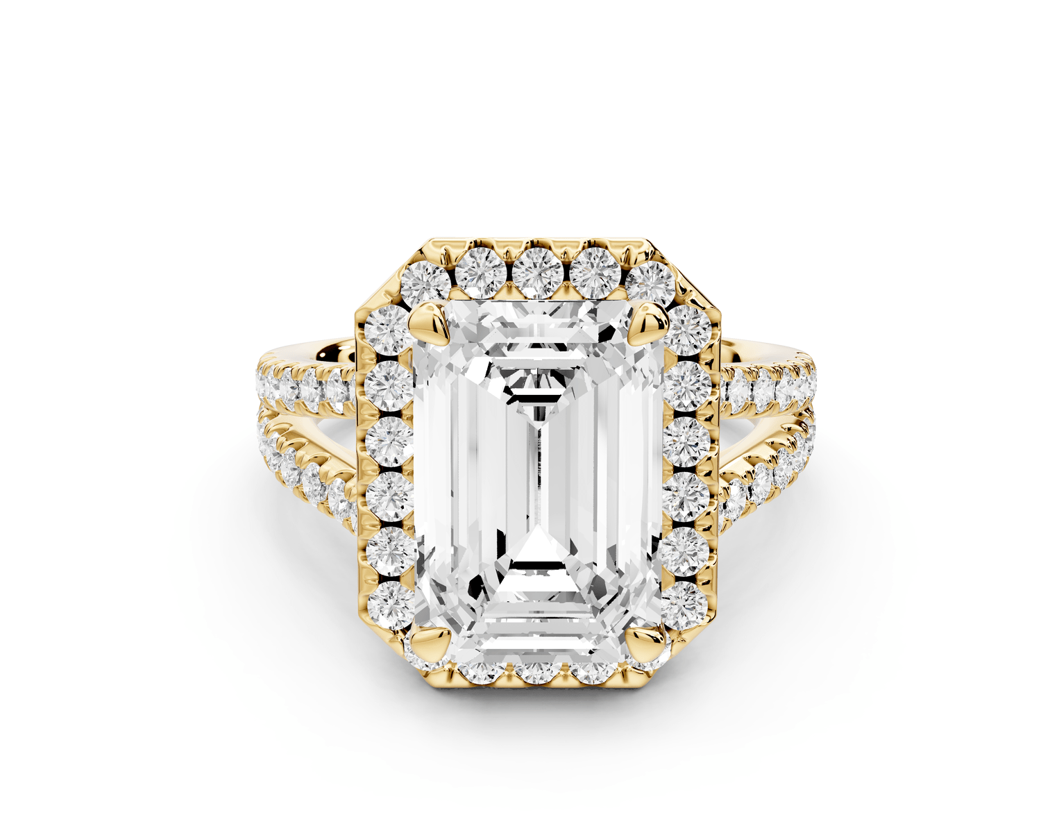 Gabrielle - 4ct 18k yellow gold emerald Diamond Graduated Halo Pavé Split Shank Engagement Ring - Mr. Alex Jewelry