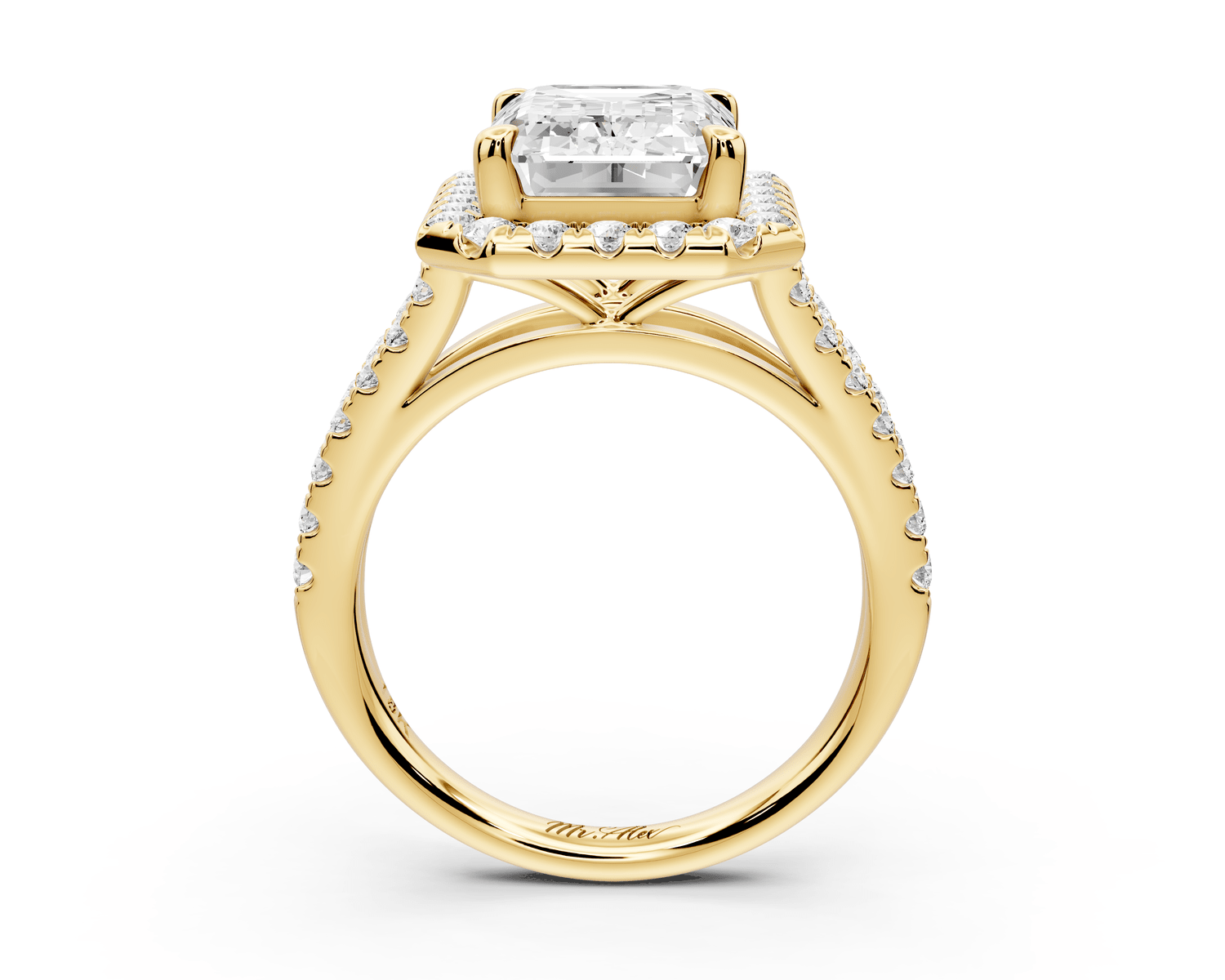 Gabrielle - 4ct 18k yellow gold emerald Diamond Graduated Halo Pavé Split Shank Engagement Ring - Mr. Alex Jewelry