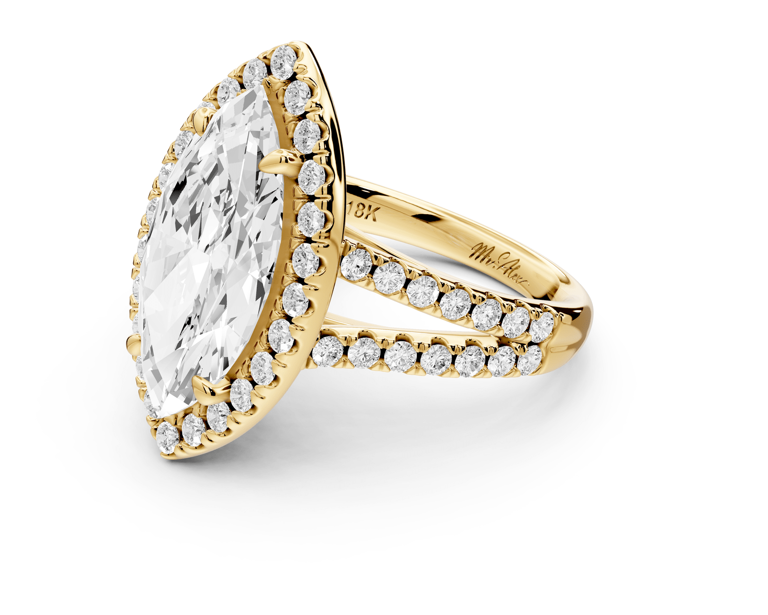Gabrielle - 4ct 18k yellow gold marquise Diamond Graduated Halo Pavé Split Shank Engagement Ring - Mr. Alex Jewelry