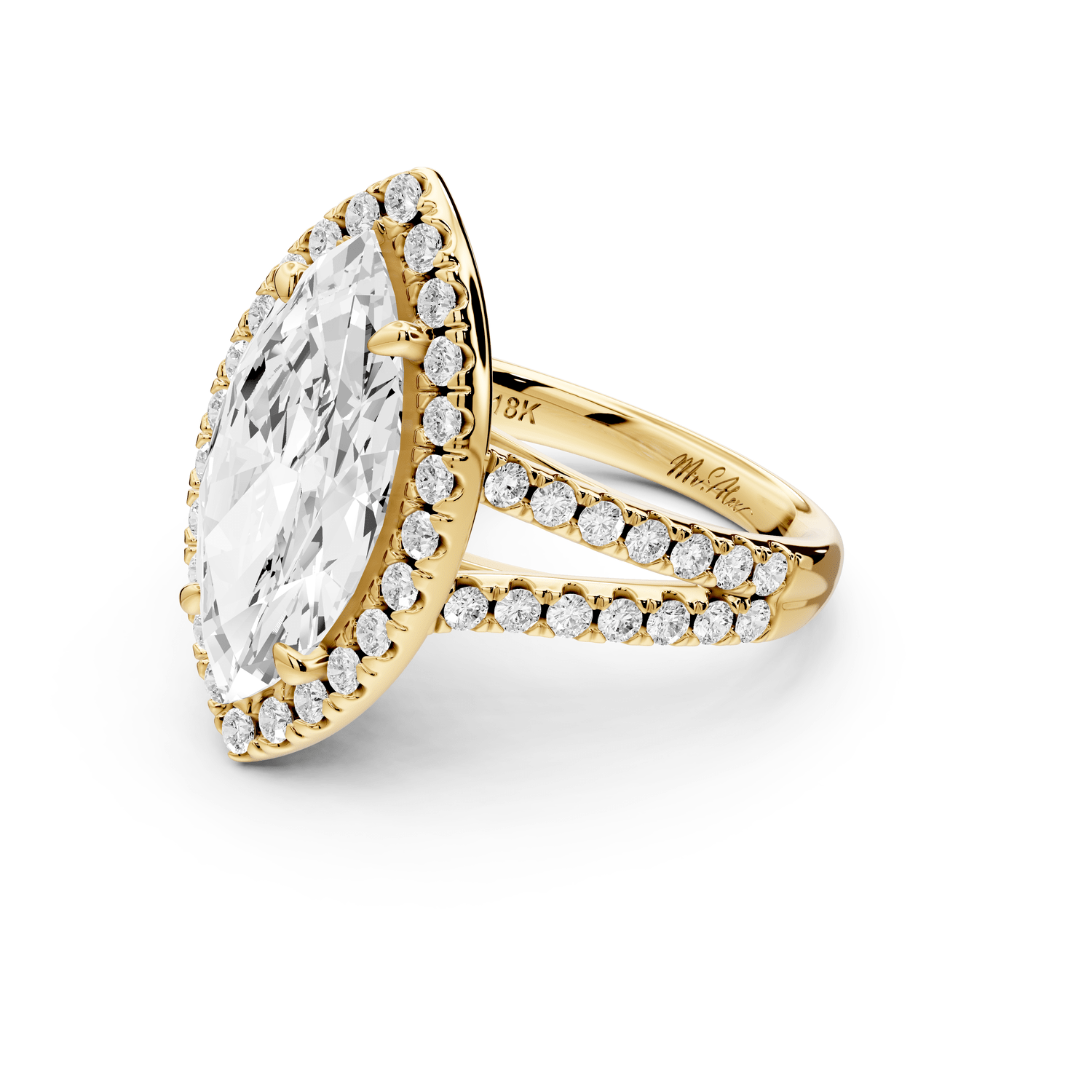 Gabrielle - 4ct 18k yellow gold marquise Diamond Graduated Halo Pavé Split Shank Engagement Ring - Mr. Alex Jewelry