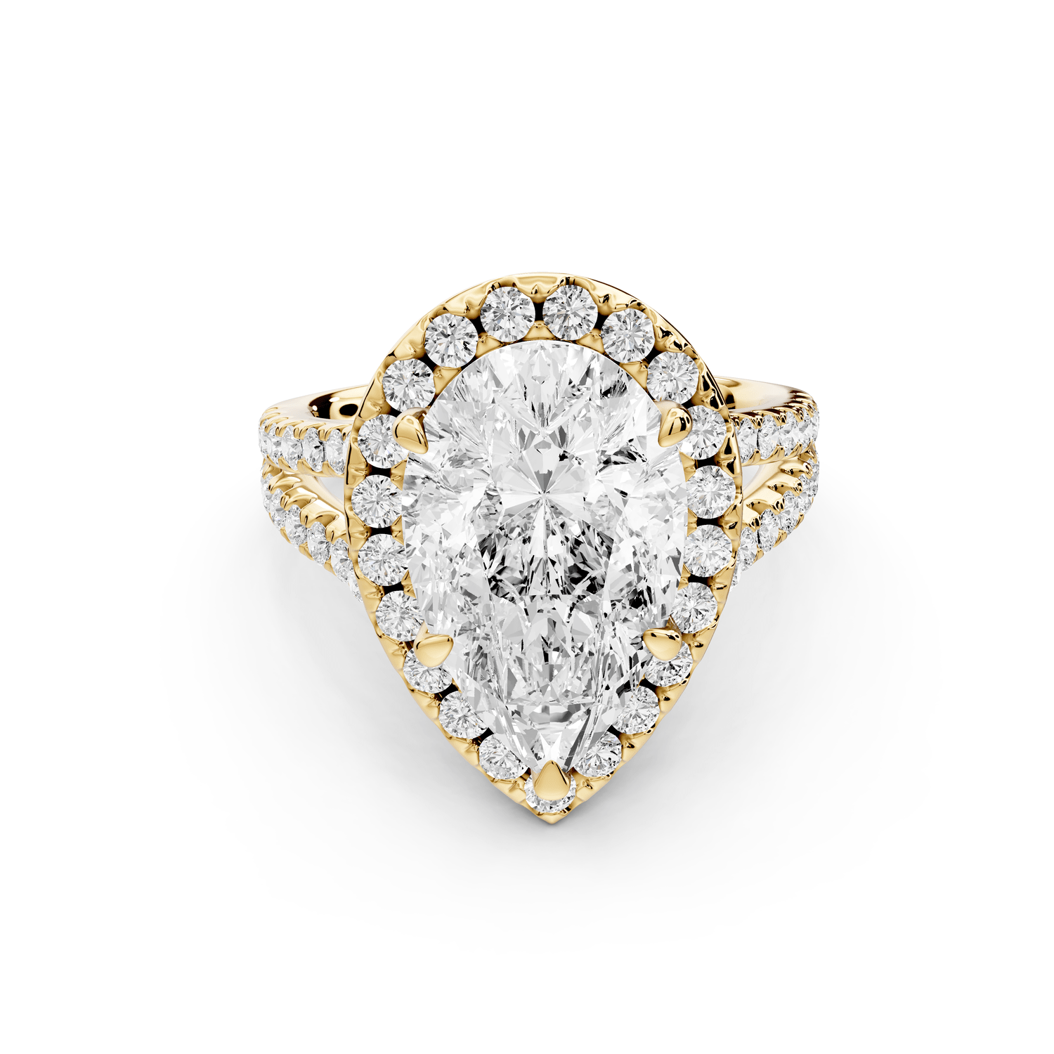 Gabrielle - 4ct 18k yellow gold pear Diamond Graduated Halo Pavé Split Shank Engagement Ring - Mr. Alex Jewelry