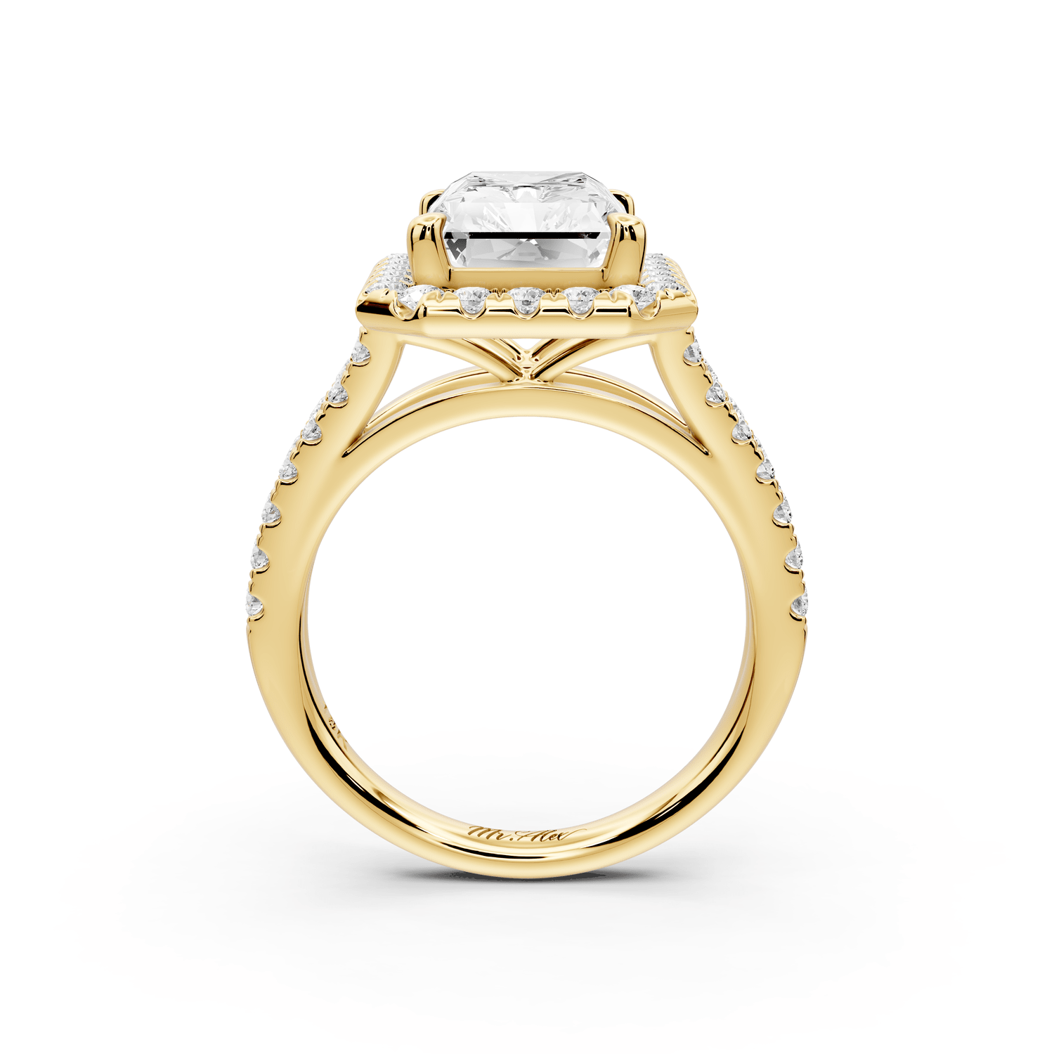 Gabrielle - 4ct 18k yellow gold radiant Diamond Graduated Halo Pavé Split Shank Engagement Ring - Mr. Alex Jewelry