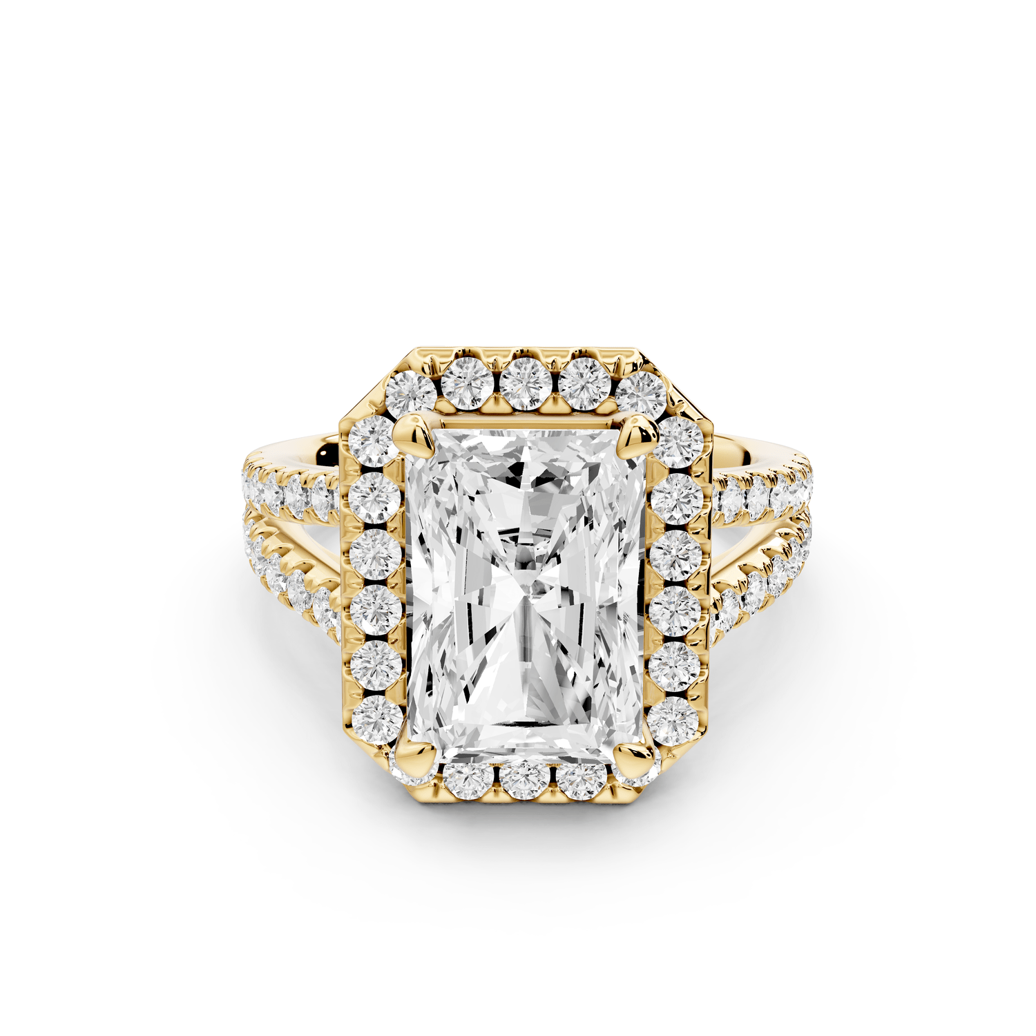 Gabrielle - 4ct 18k yellow gold radiant Diamond Graduated Halo Pavé Split Shank Engagement Ring - Mr. Alex Jewelry