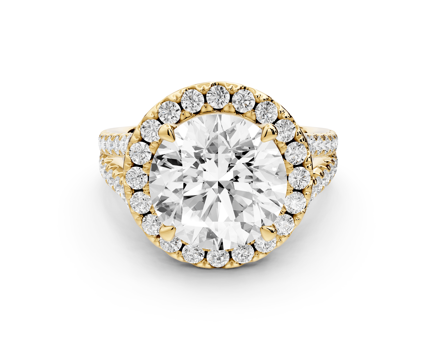 Gabrielle - 4ct 18k yellow gold round Diamond Graduated Halo Pavé Split Shank Engagement Ring - Mr. Alex Jewelry
