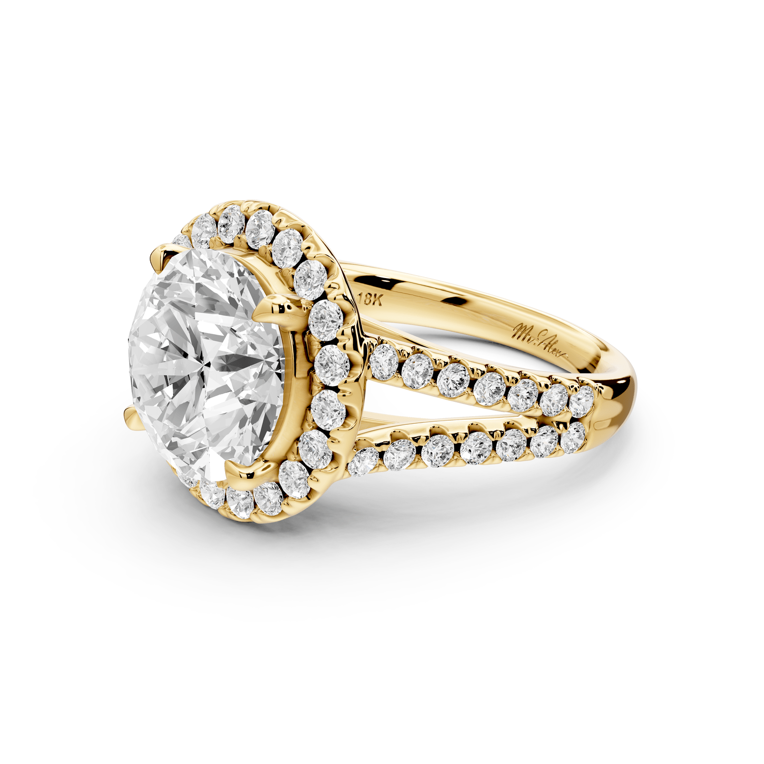 Gabrielle - 4ct 18k yellow gold round Diamond Graduated Halo Pavé Split Shank Engagement Ring - Mr. Alex Jewelry