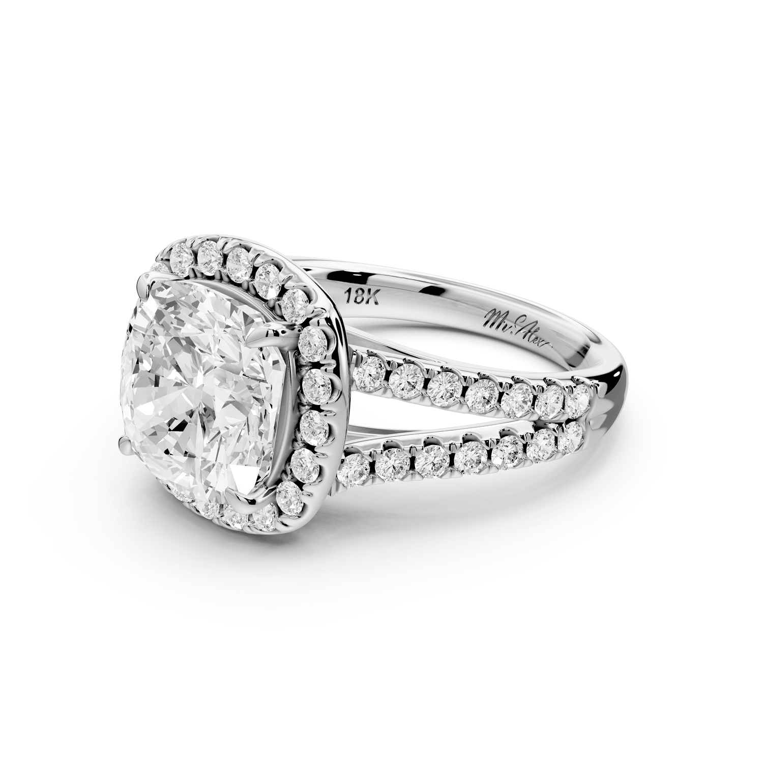 Gabrielle - 4ct platinum cushion Diamond Graduated Halo Pavé Split Shank Engagement Ring - Mr. Alex Jewelry