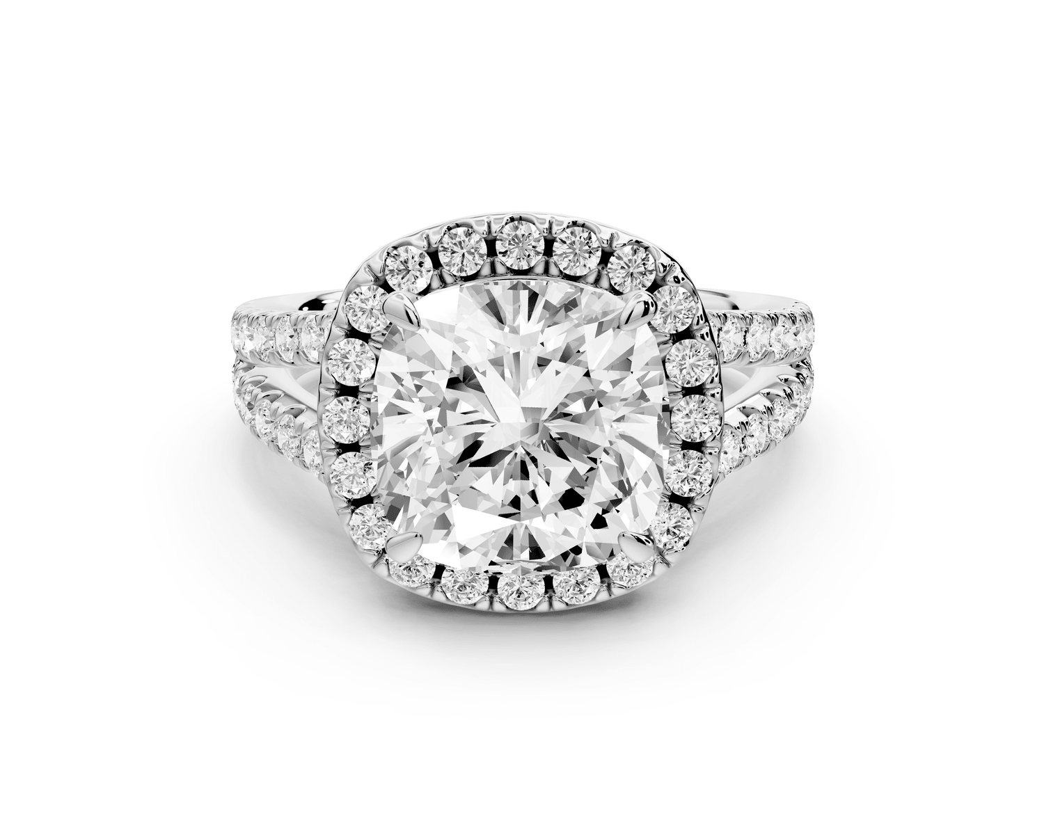 Gabrielle - 4ct platinum cushion Diamond Graduated Halo Pavé Split Shank Engagement Ring - Mr. Alex Jewelry