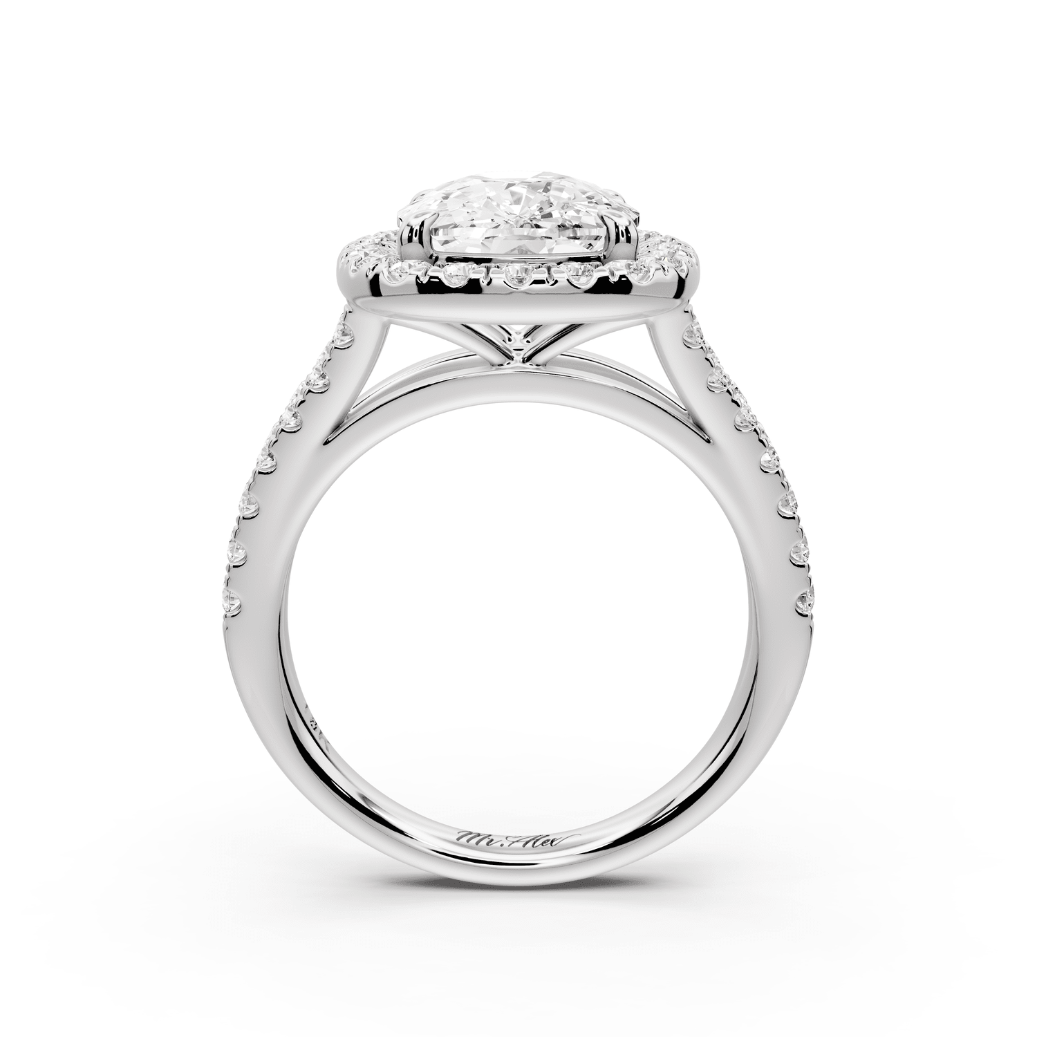 Gabrielle - 4ct platinum ecushion Diamond Graduated Halo Pavé Split Shank Engagement Ring - Mr. Alex Jewelry