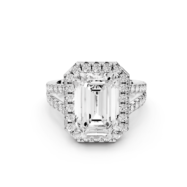 Gabrielle - 4ct platinum emerald Diamond Graduated Halo Pavé Split Shank Engagement Ring - Mr. Alex Jewelry