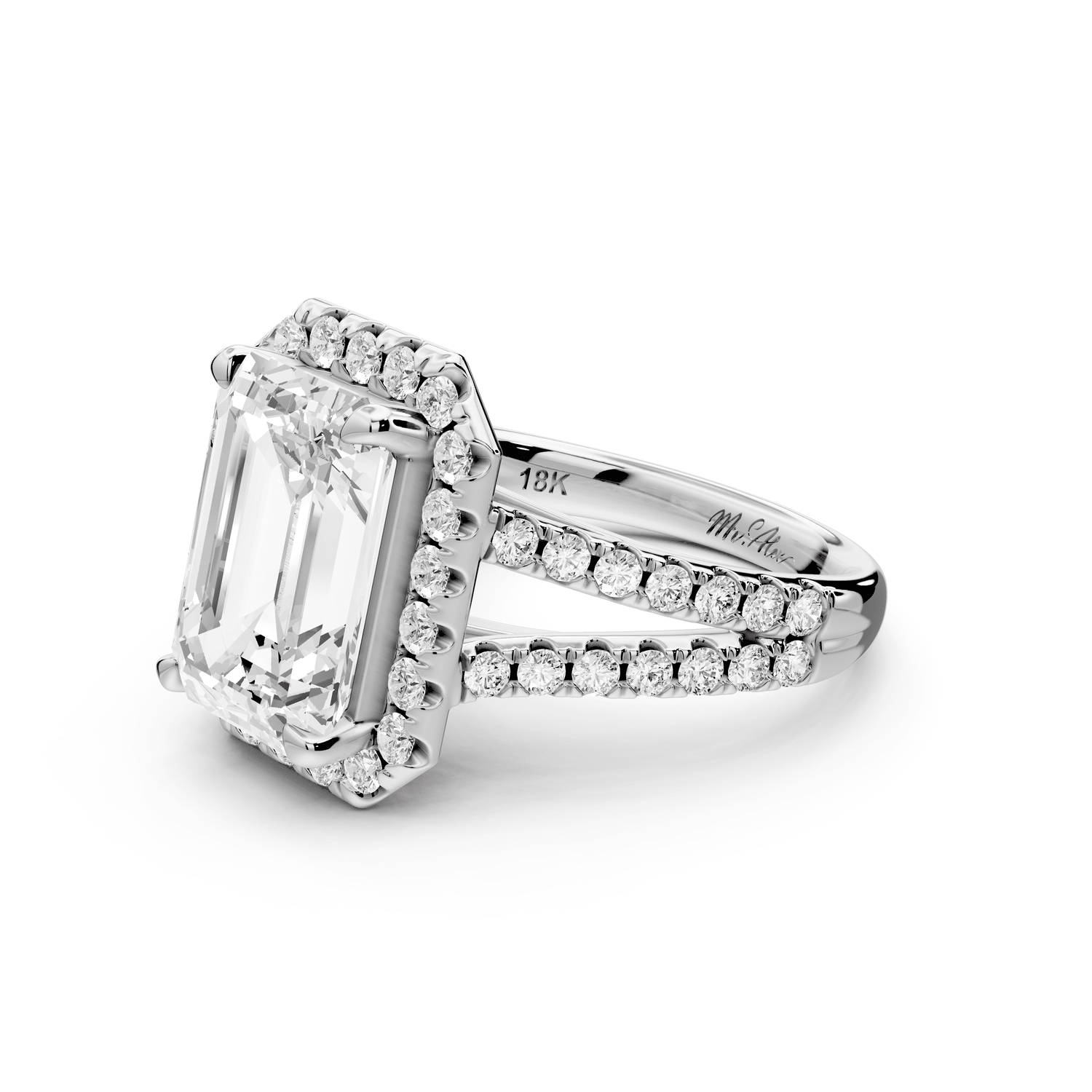 Gabrielle - 4ct platinum emerald Diamond Graduated Halo Pavé Split Shank Engagement Ring - Mr. Alex Jewelry