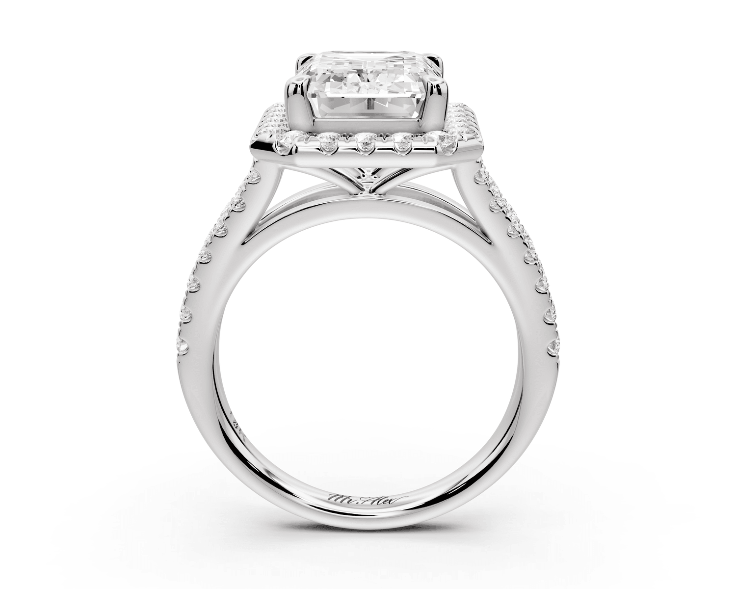 Gabrielle - 4ct platinum emerald Diamond Graduated Halo Pavé Split Shank Engagement Ring - Mr. Alex Jewelry
