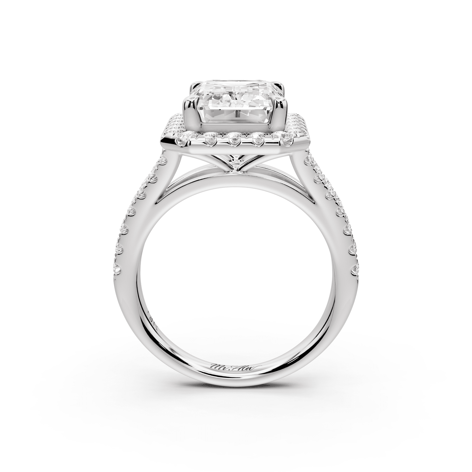 Gabrielle - 4ct platinum emerald Diamond Graduated Halo Pavé Split Shank Engagement Ring - Mr. Alex Jewelry