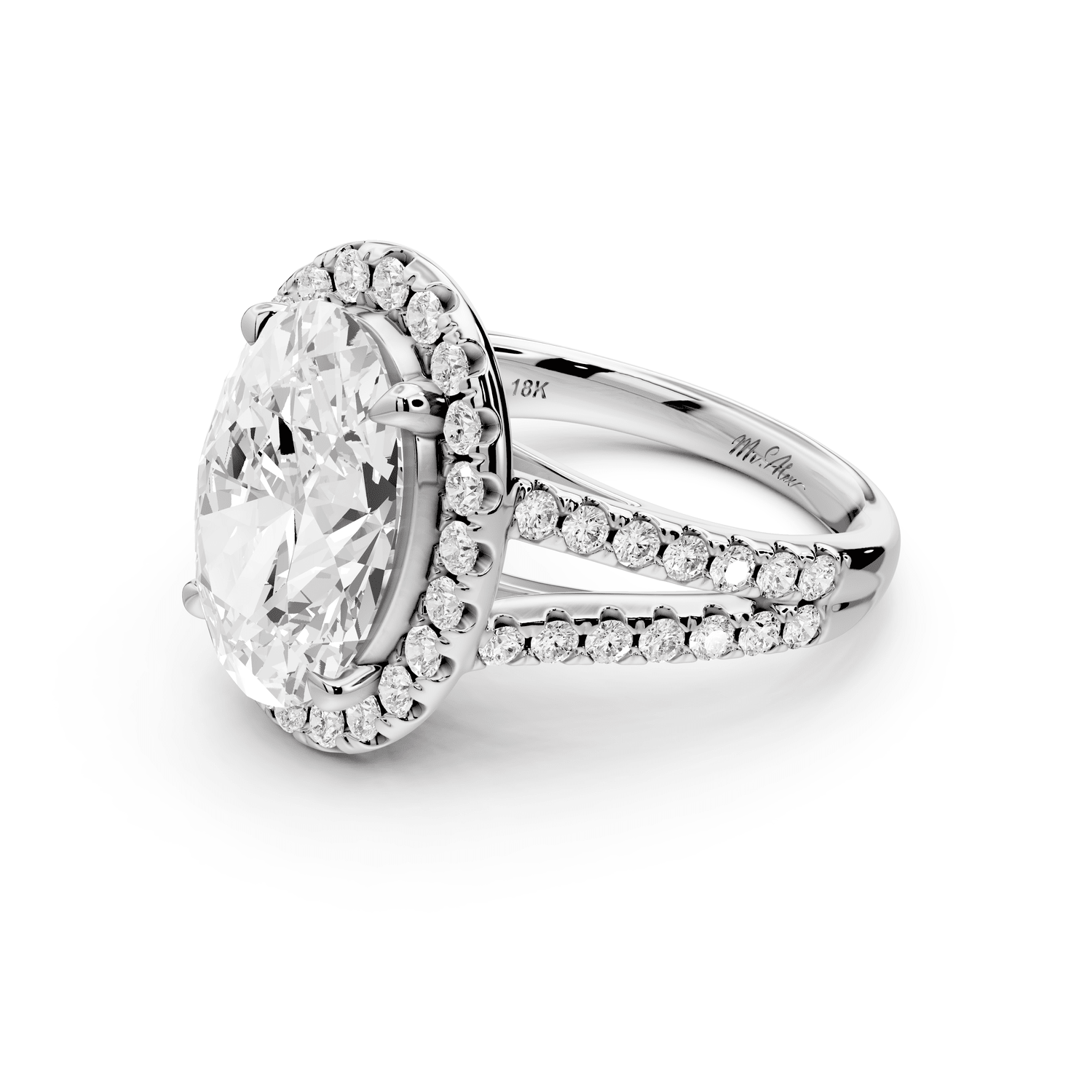 Gabrielle - 4ct platinum oval Diamond Graduated Halo Pavé Split Shank Engagement Ring - Mr. Alex Jewelry