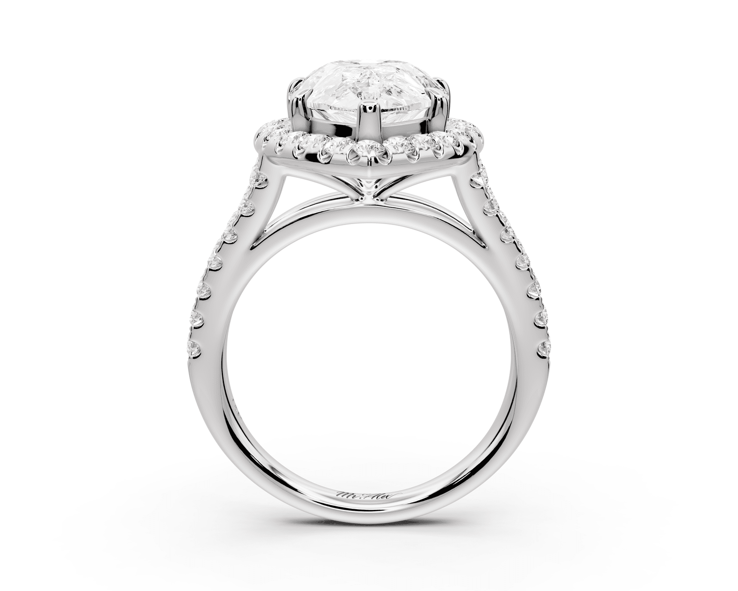 Gabrielle - 4ct platinum pear Diamond Graduated Halo Pavé Split Shank Engagement Ring - Mr. Alex Jewelry