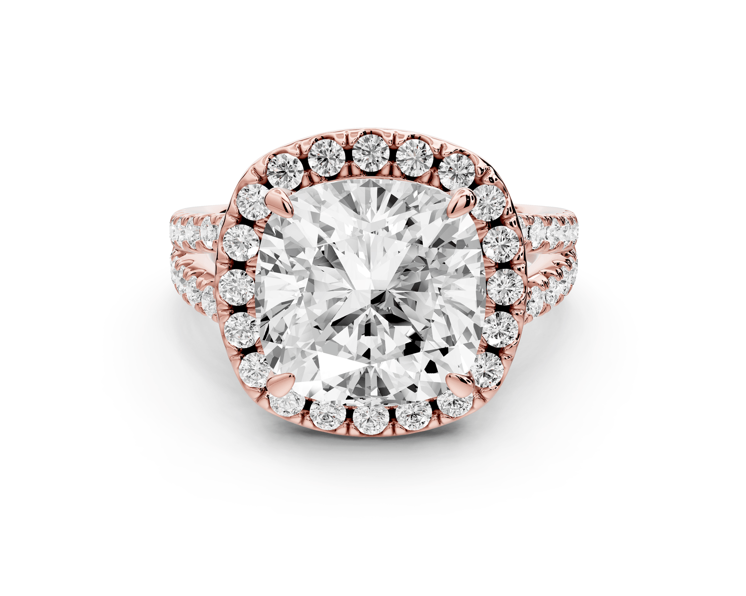 Gabrielle - 5ct 14k rose gold cushion Diamond Graduated Halo Pavé Split Shank Engagement Ring - Mr. Alex Jewelry