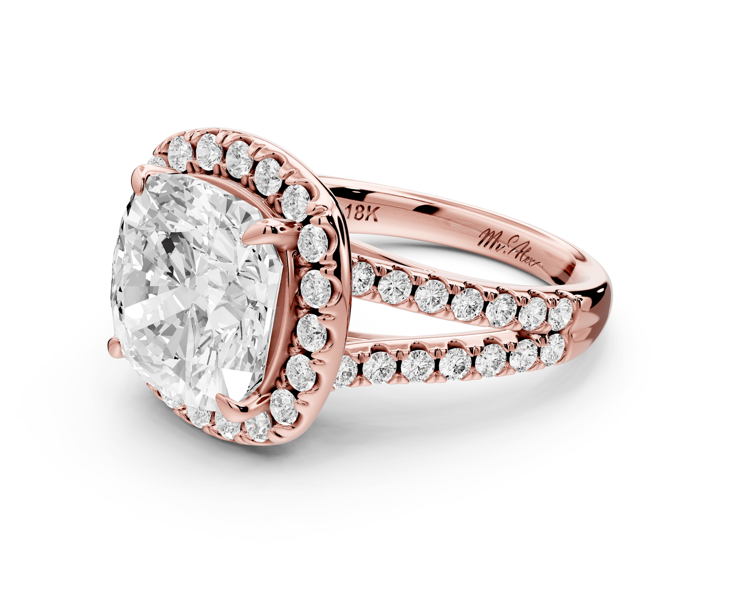 Gabrielle - 5ct 14k rose gold cushion Diamond Graduated Halo Pavé Split Shank Engagement Ring - Mr. Alex Jewelry