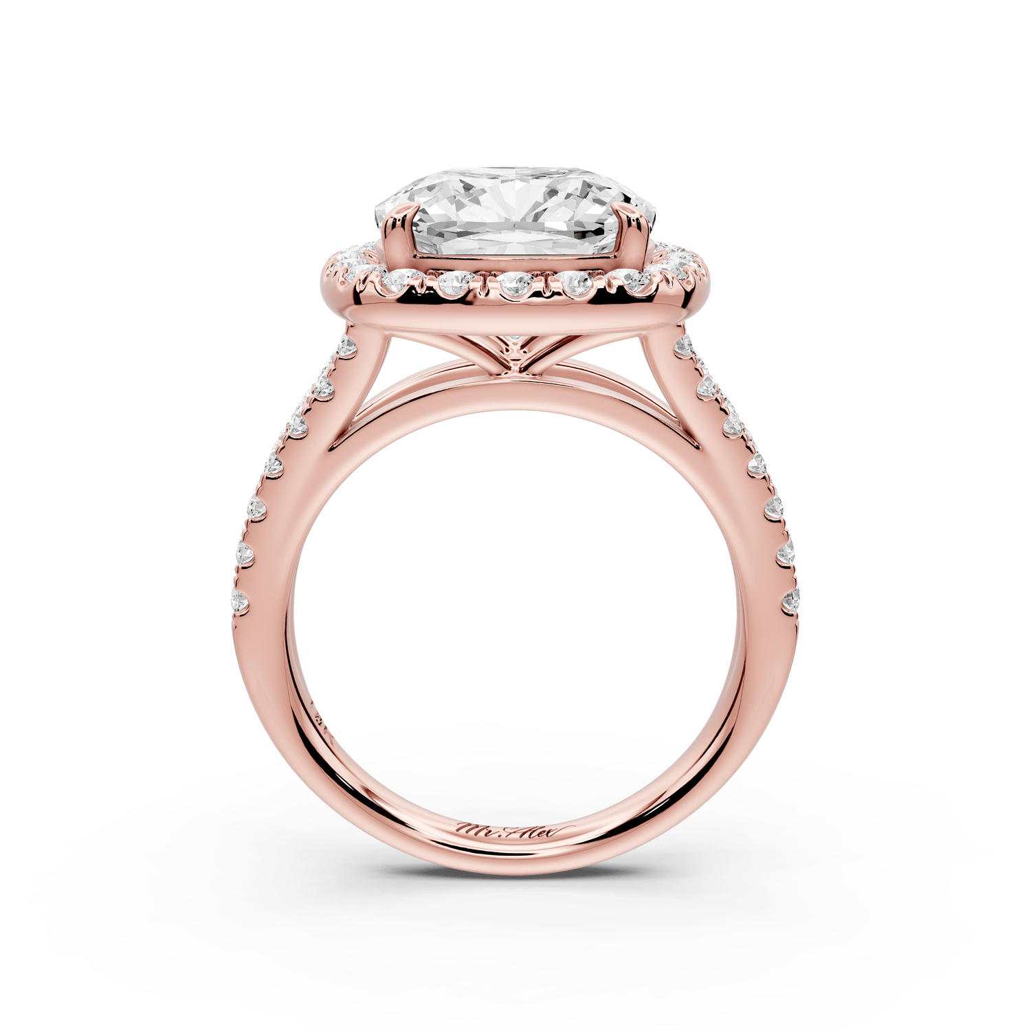 Gabrielle - 5ct 14k rose gold cushion Diamond Graduated Halo Pavé Split Shank Engagement Ring - Mr. Alex Jewelry