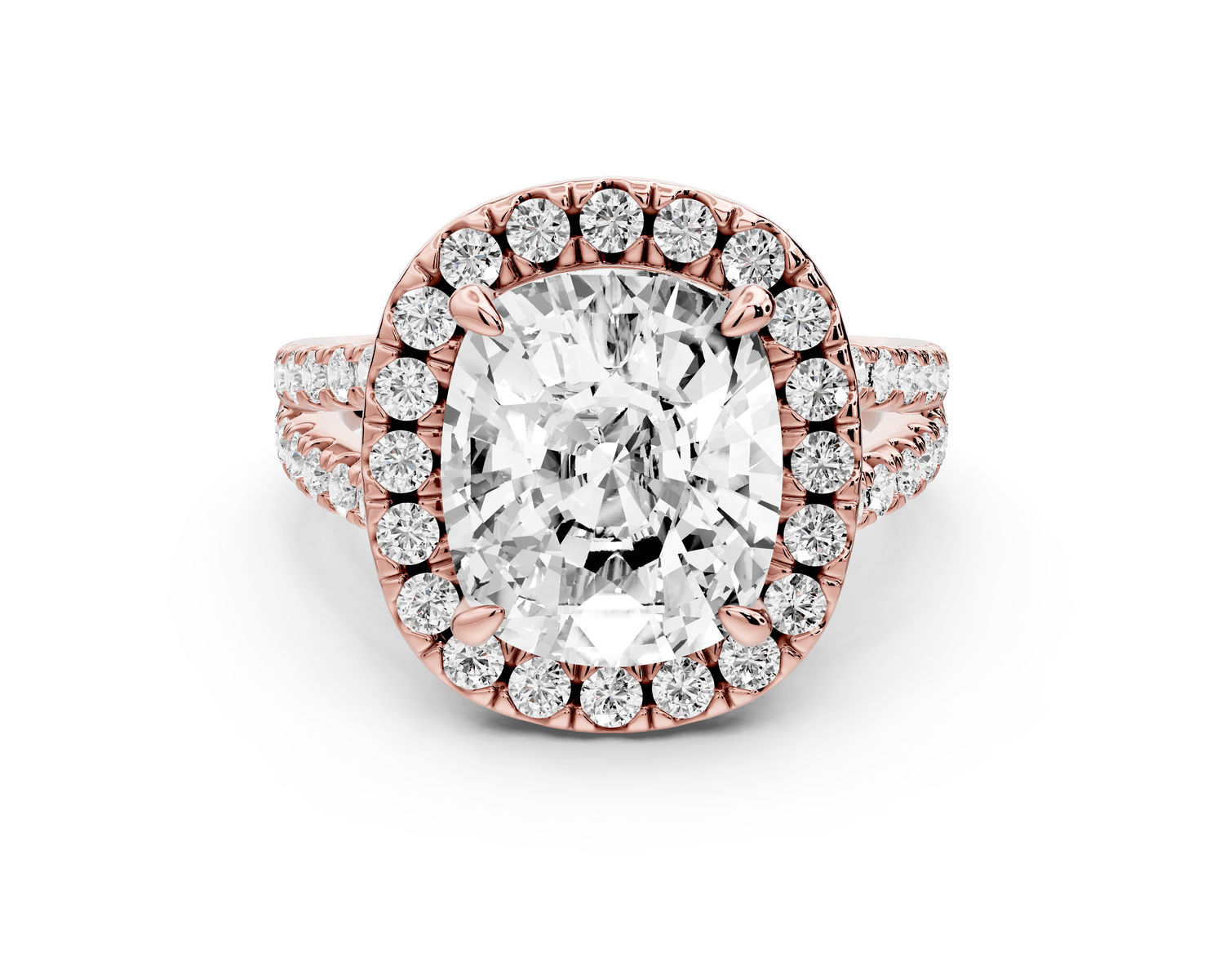 Gabrielle - 5ct 14k rose gold ecushion Diamond Graduated Halo Pavé Split Shank Engagement Ring - Mr. Alex Jewelry
