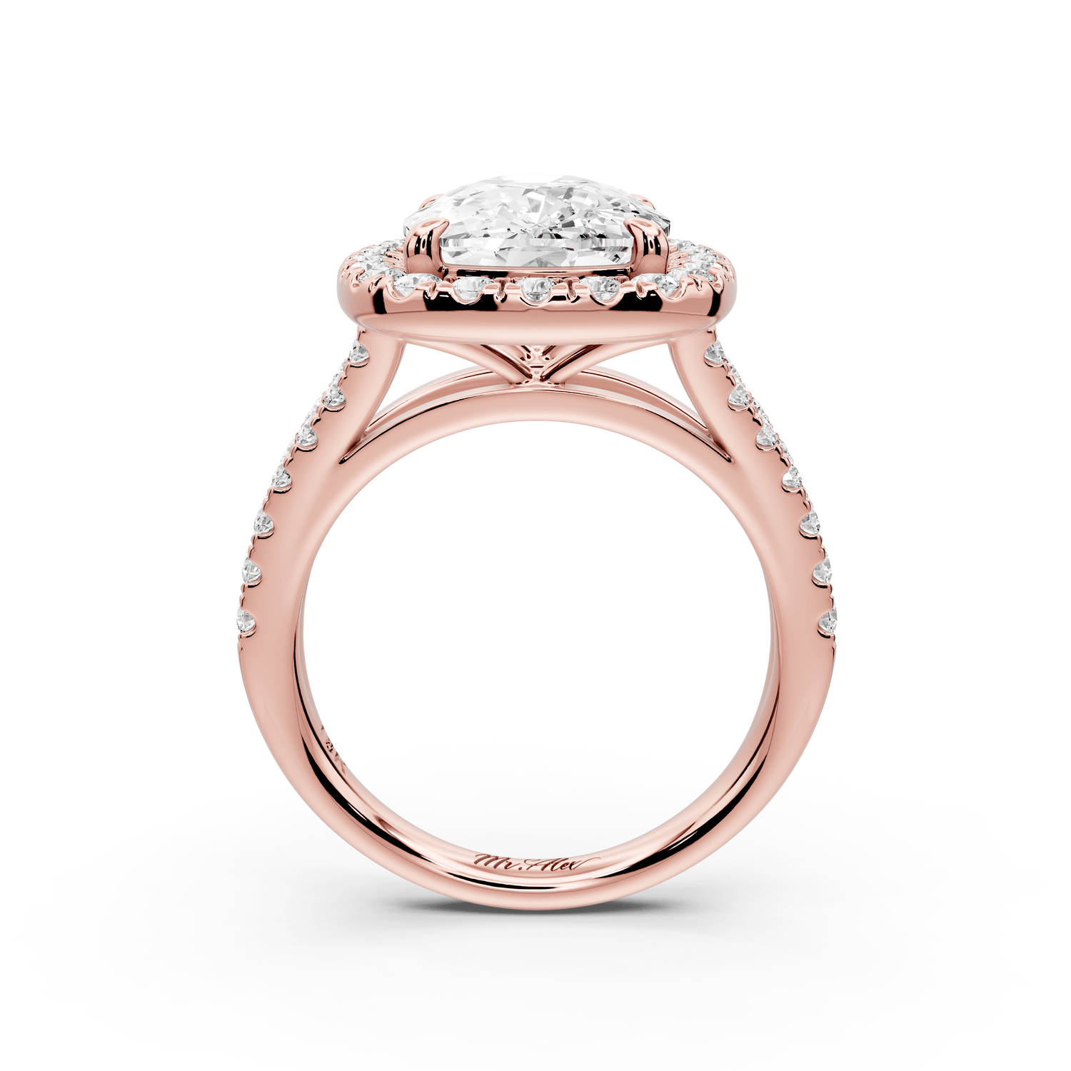 Gabrielle - 5ct 14k rose gold ecushion Diamond Graduated Halo Pavé Split Shank Engagement Ring - Mr. Alex Jewelry