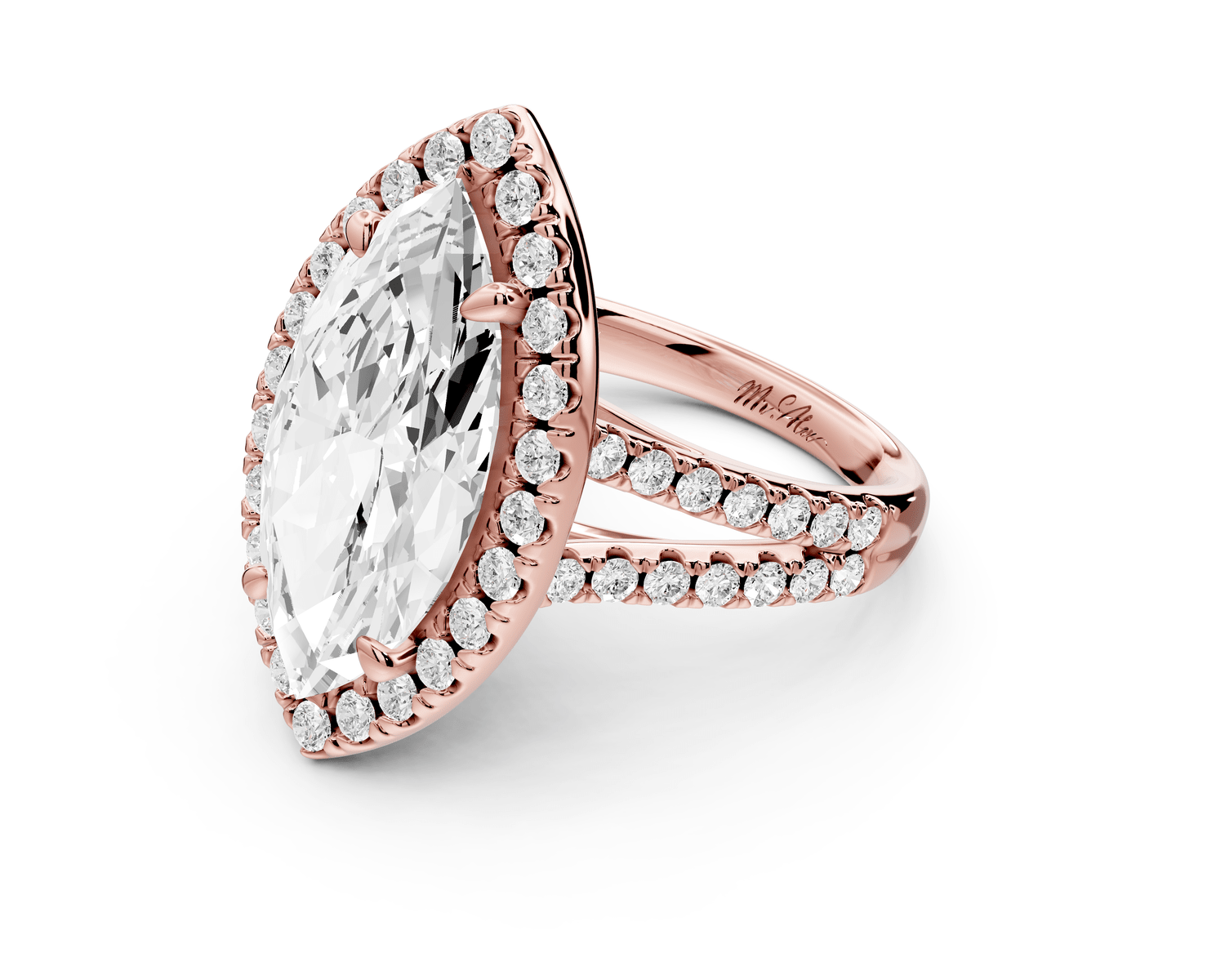 Gabrielle - 5ct 14k rose gold marquise Diamond Graduated Halo Pavé Split Shank Engagement Ring - Mr. Alex Jewelry