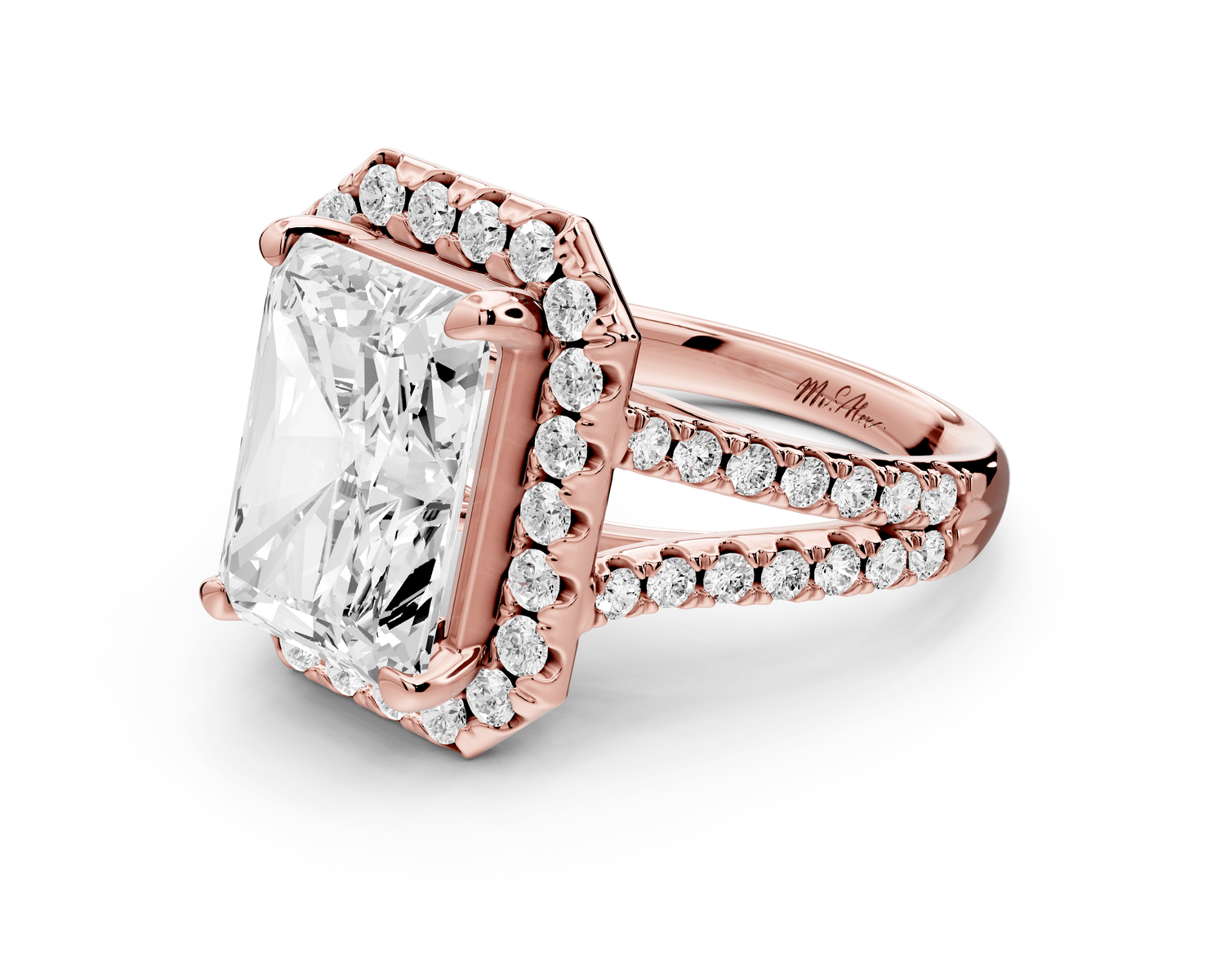 Gabrielle - 5ct 14k rose gold radiant Diamond Graduated Halo Pavé Split Shank Engagement Ring - Mr. Alex Jewelry