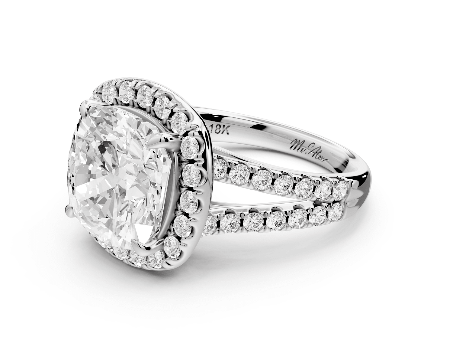 Gabrielle - 5ct 14k white gold cushion Diamond Graduated Halo Pavé Split Shank Engagement Ring - Mr. Alex Jewelry
