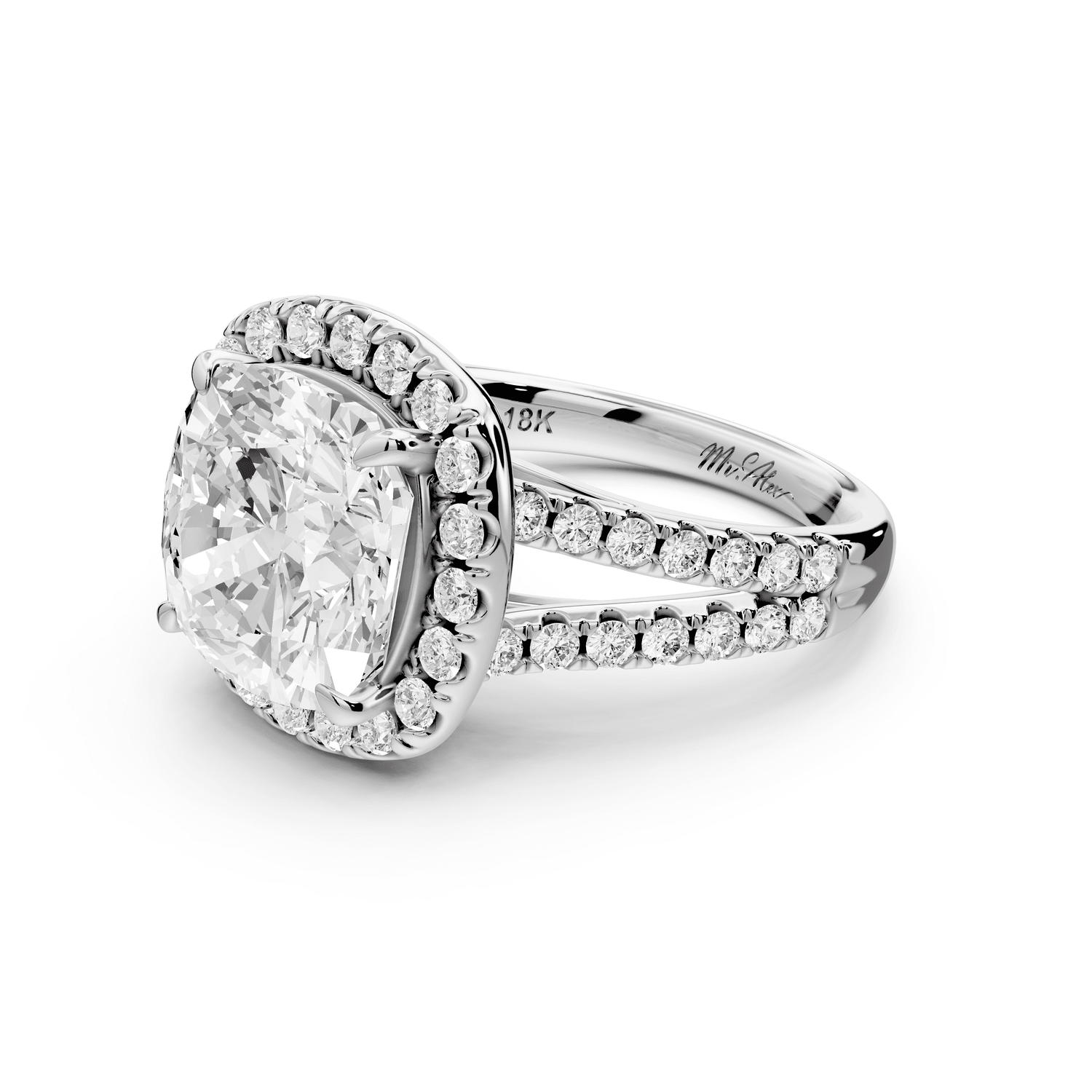 Gabrielle - 5ct 14k white gold cushion Diamond Graduated Halo Pavé Split Shank Engagement Ring - Mr. Alex Jewelry