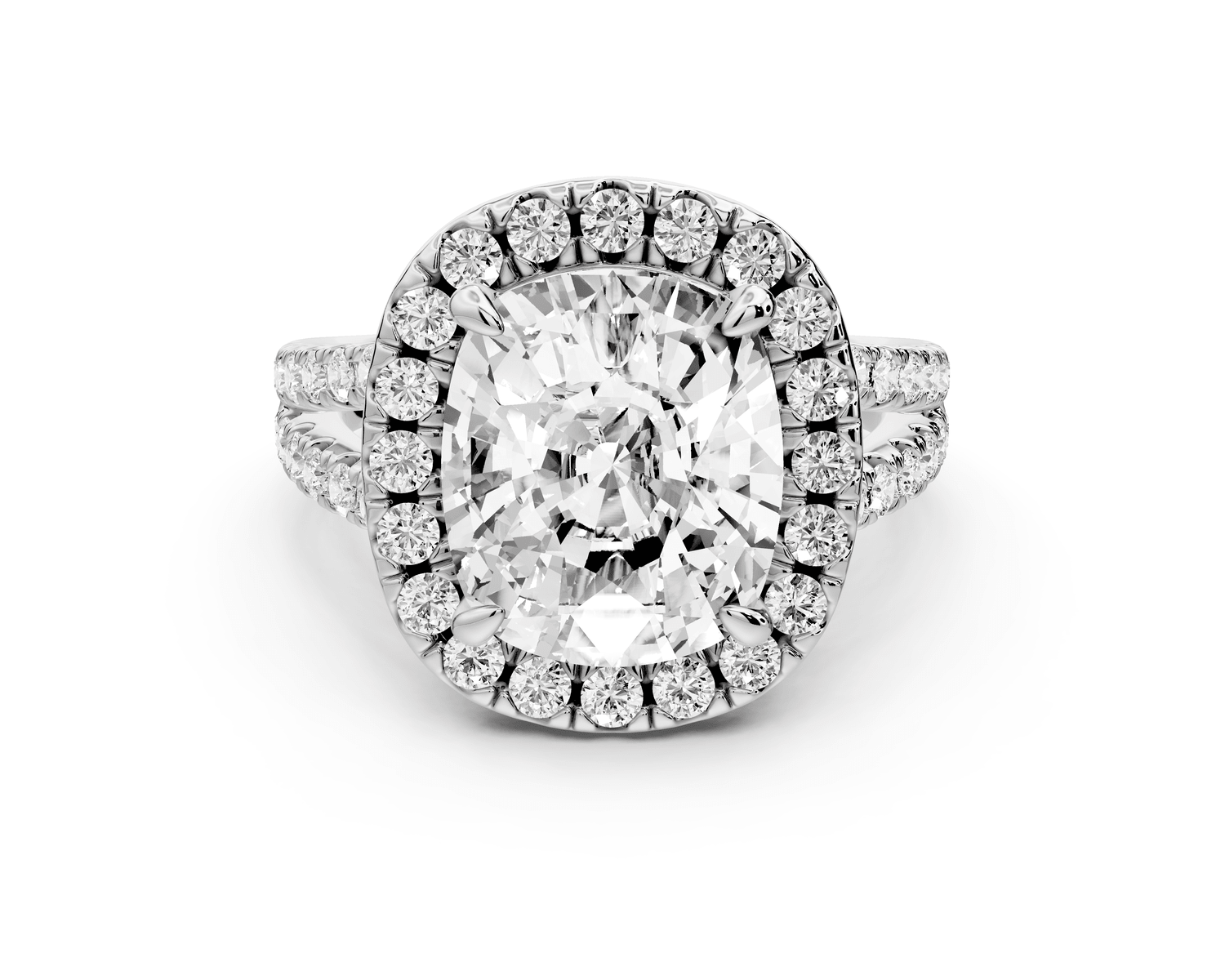 Gabrielle - 5ct 14k white gold ecushion Diamond Graduated Halo Pavé Split Shank Engagement Ring - Mr. Alex Jewelry