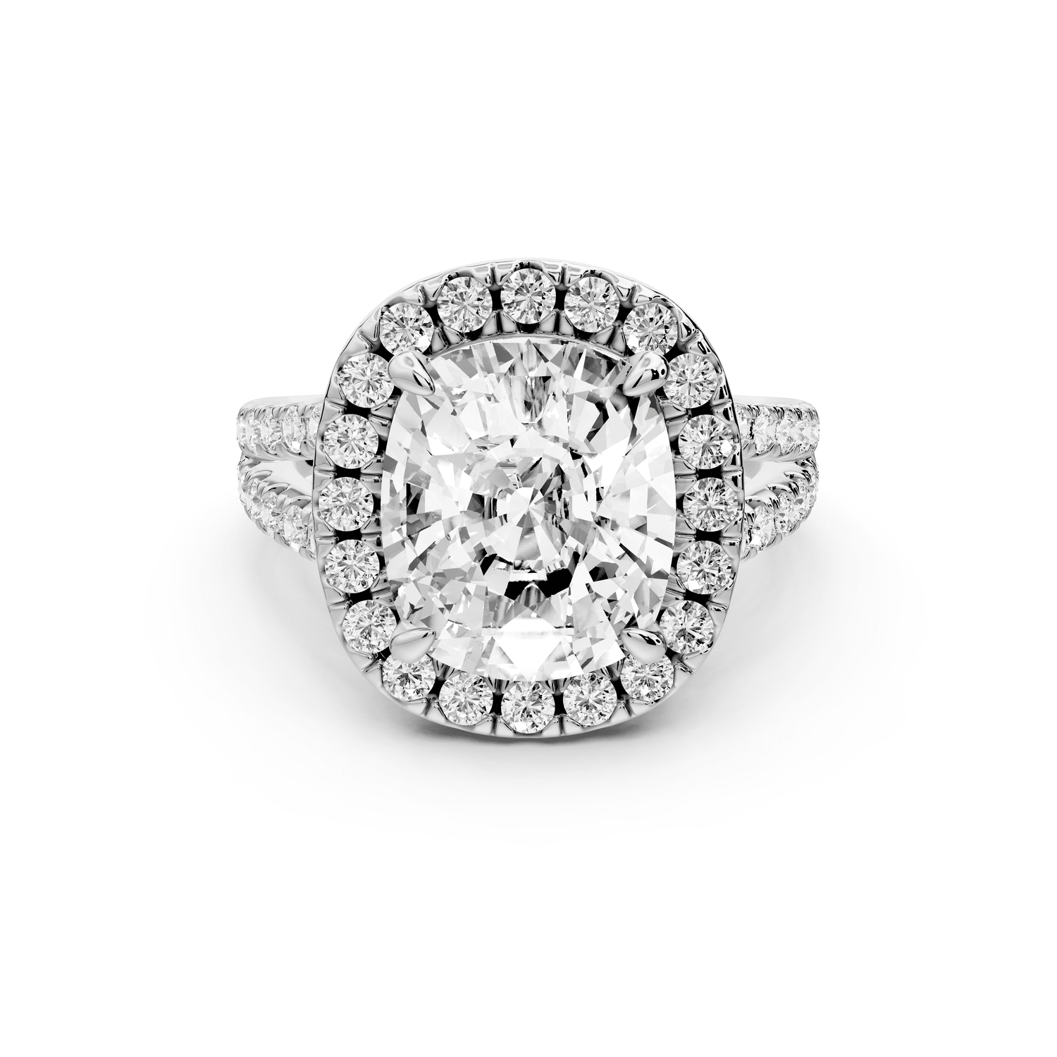 Gabrielle - 5ct 14k white gold ecushion Diamond Graduated Halo Pavé Split Shank Engagement Ring - Mr. Alex Jewelry