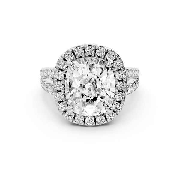 Gabrielle - 5ct 14k white gold ecushion Diamond Graduated Halo Pavé Split Shank Engagement Ring - Mr. Alex Jewelry