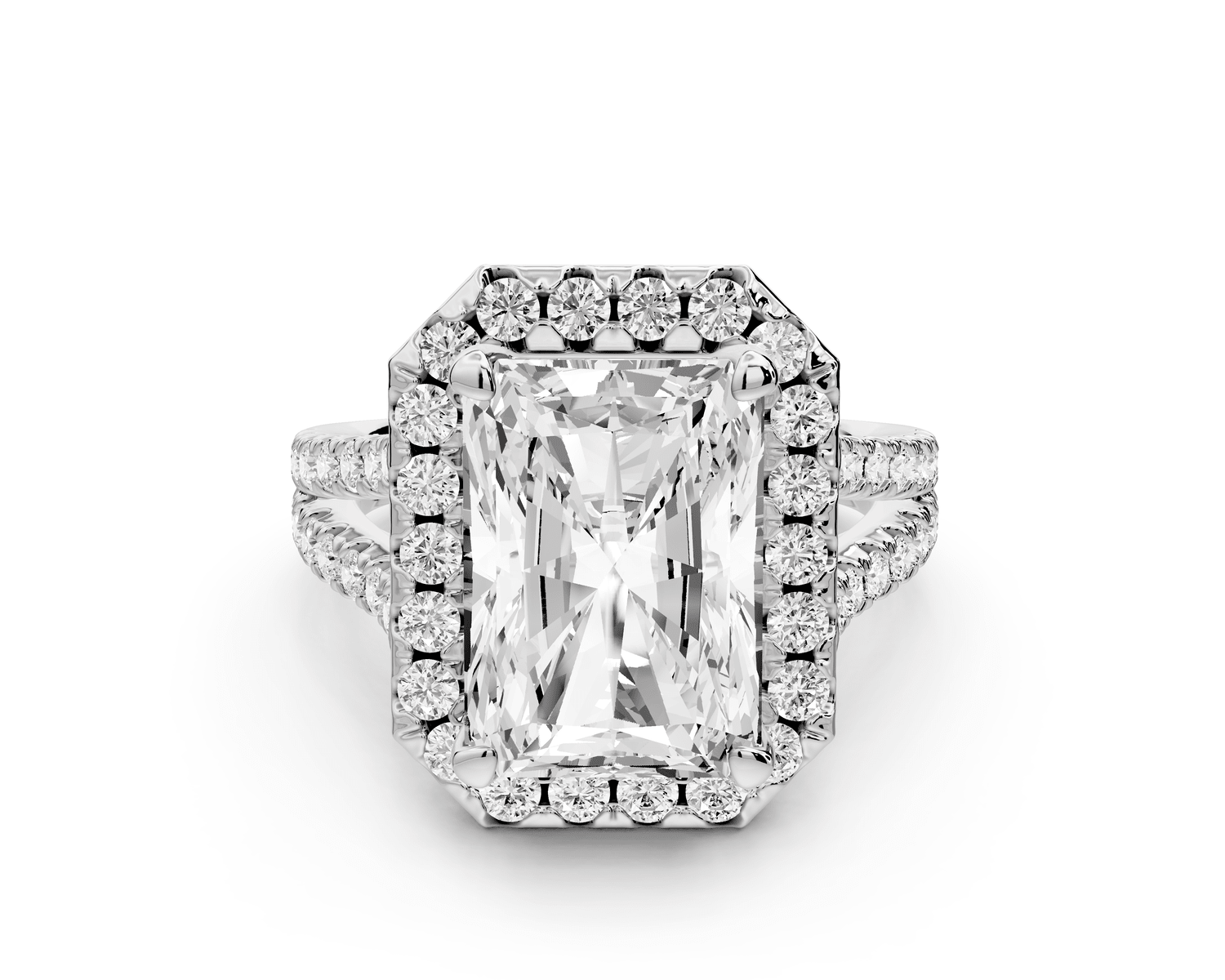Gabrielle - 5ct 14k white gold radiant Diamond Graduated Halo Pavé Split Shank Engagement Ring - Mr. Alex Jewelry
