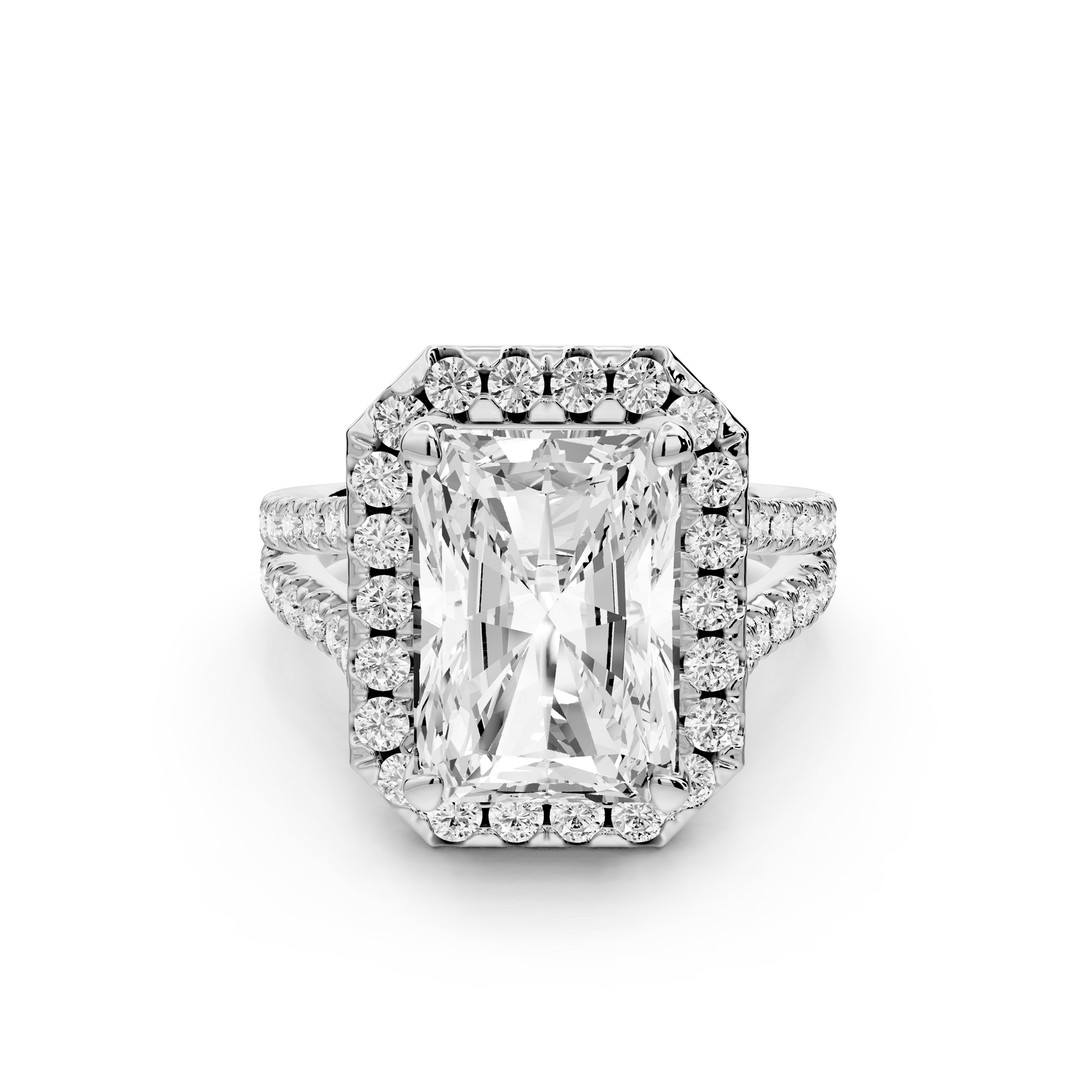 Gabrielle - 5ct 14k white gold radiant Diamond Graduated Halo Pavé Split Shank Engagement Ring - Mr. Alex Jewelry