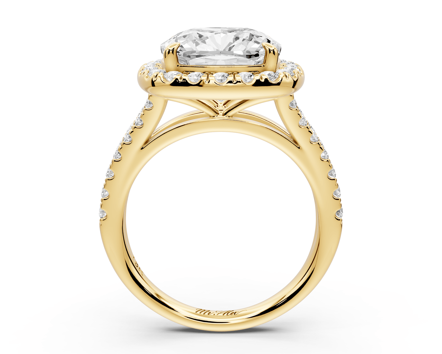 Gabrielle - 5ct 14k yellow gold cushion Diamond Graduated Halo Pavé Split Shank Engagement Ring - Mr. Alex Jewelry