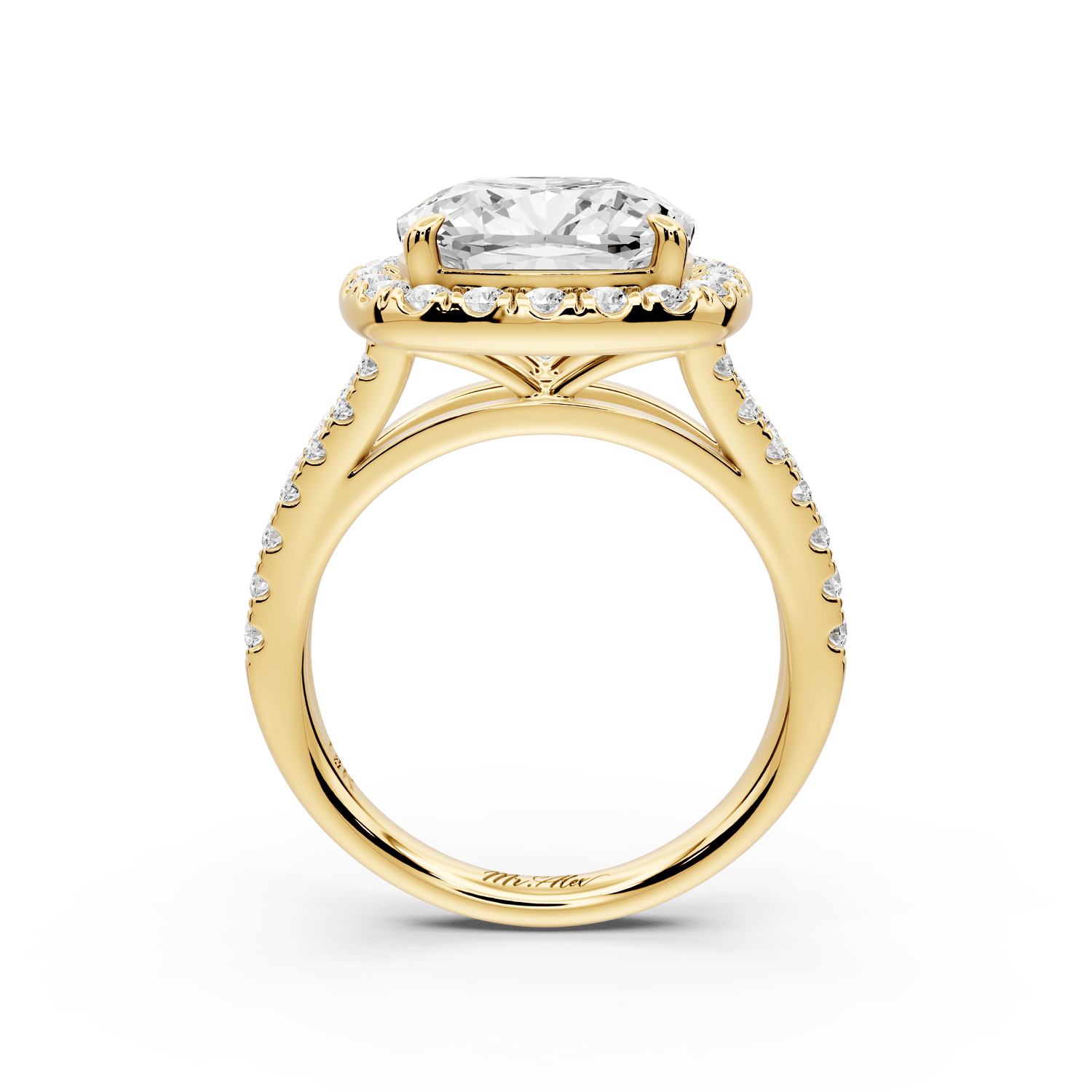 Gabrielle - 5ct 14k yellow gold cushion Diamond Graduated Halo Pavé Split Shank Engagement Ring - Mr. Alex Jewelry