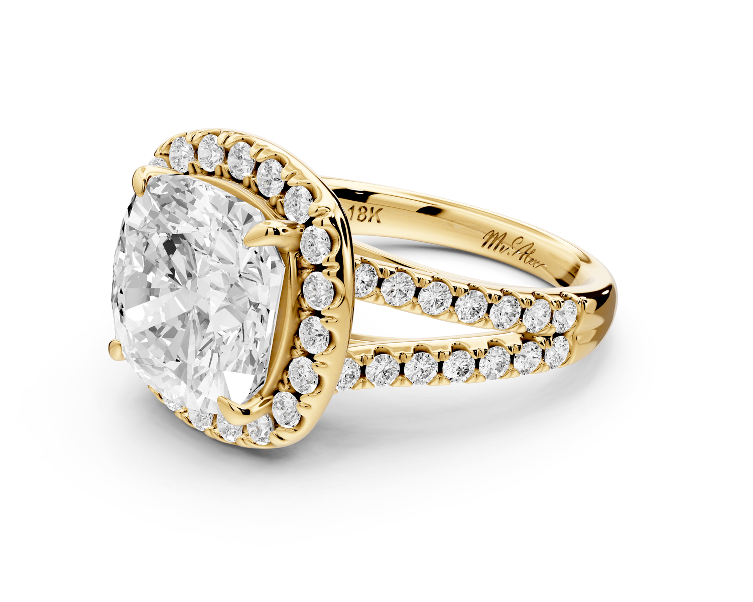Gabrielle - 5ct 14k yellow gold cushion Diamond Graduated Halo Pavé Split Shank Engagement Ring - Mr. Alex Jewelry