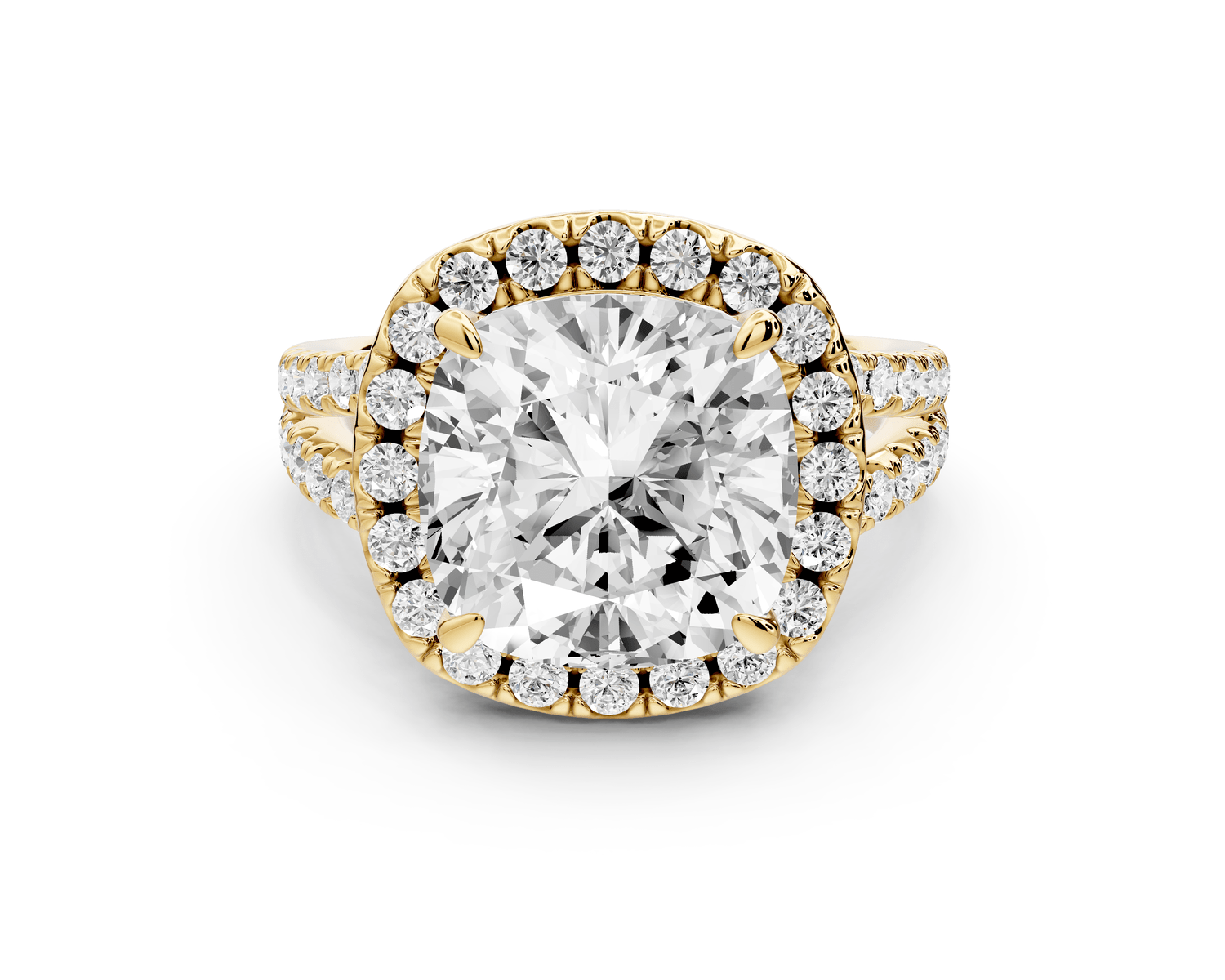 Gabrielle - 5ct 14k yellow gold cushion Diamond Graduated Halo Pavé Split Shank Engagement Ring - Mr. Alex Jewelry