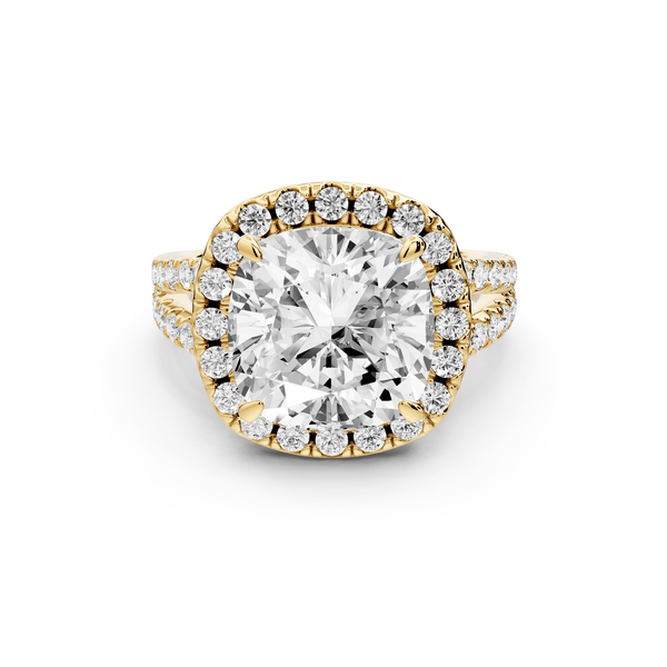 Gabrielle - 5ct 14k yellow gold cushion Diamond Graduated Halo Pavé Split Shank Engagement Ring - Mr. Alex Jewelry