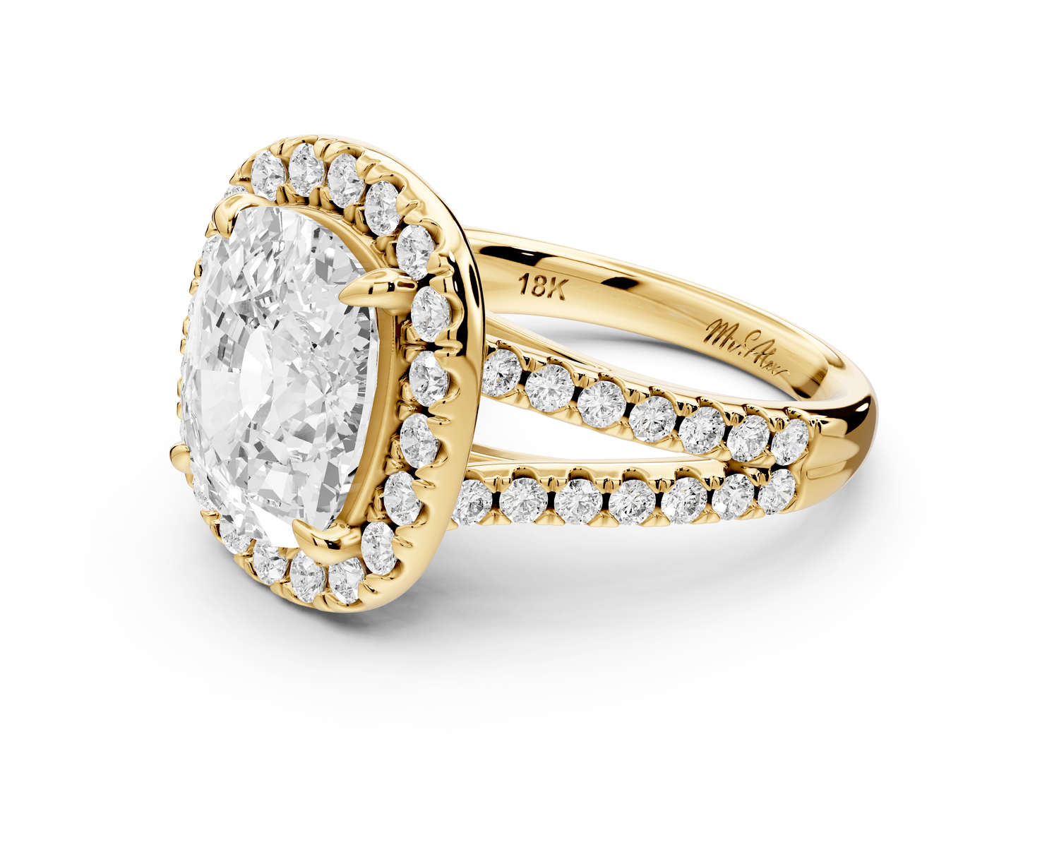 Gabrielle - 5ct 14k yellow gold ecushion Diamond Graduated Halo Pavé Split Shank Engagement Ring - Mr. Alex Jewelry