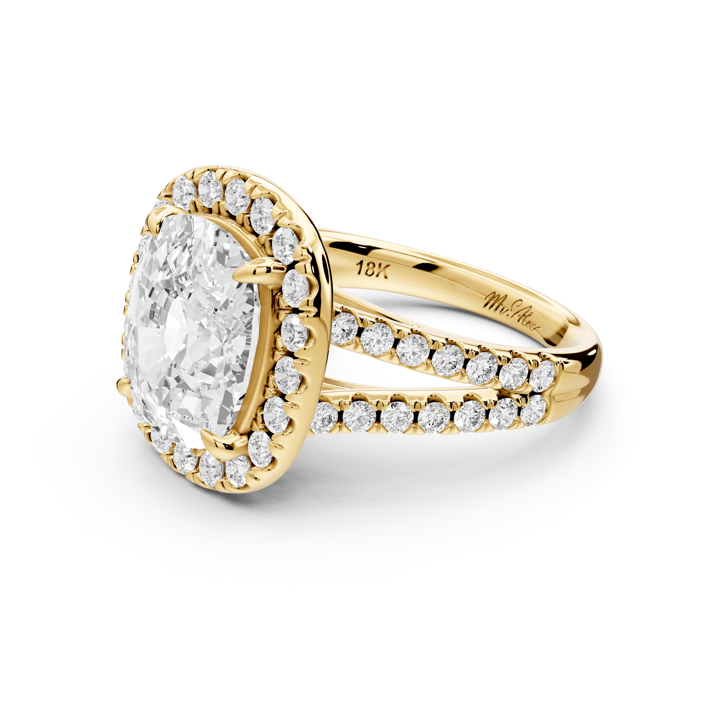 Gabrielle - 5ct 14k yellow gold ecushion Diamond Graduated Halo Pavé Split Shank Engagement Ring - Mr. Alex Jewelry