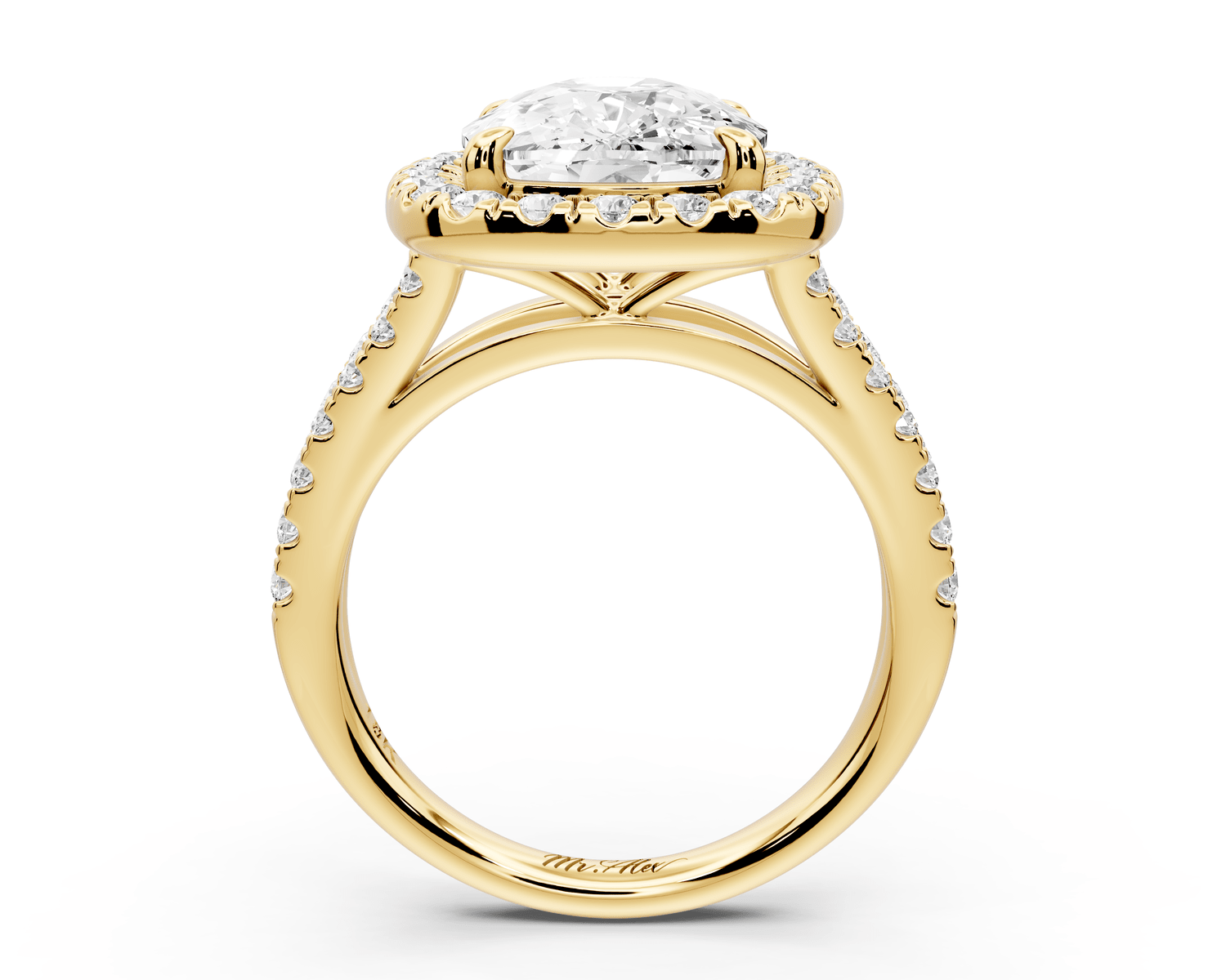 Gabrielle - 5ct 14k yellow gold ecushion Diamond Graduated Halo Pavé Split Shank Engagement Ring - Mr. Alex Jewelry