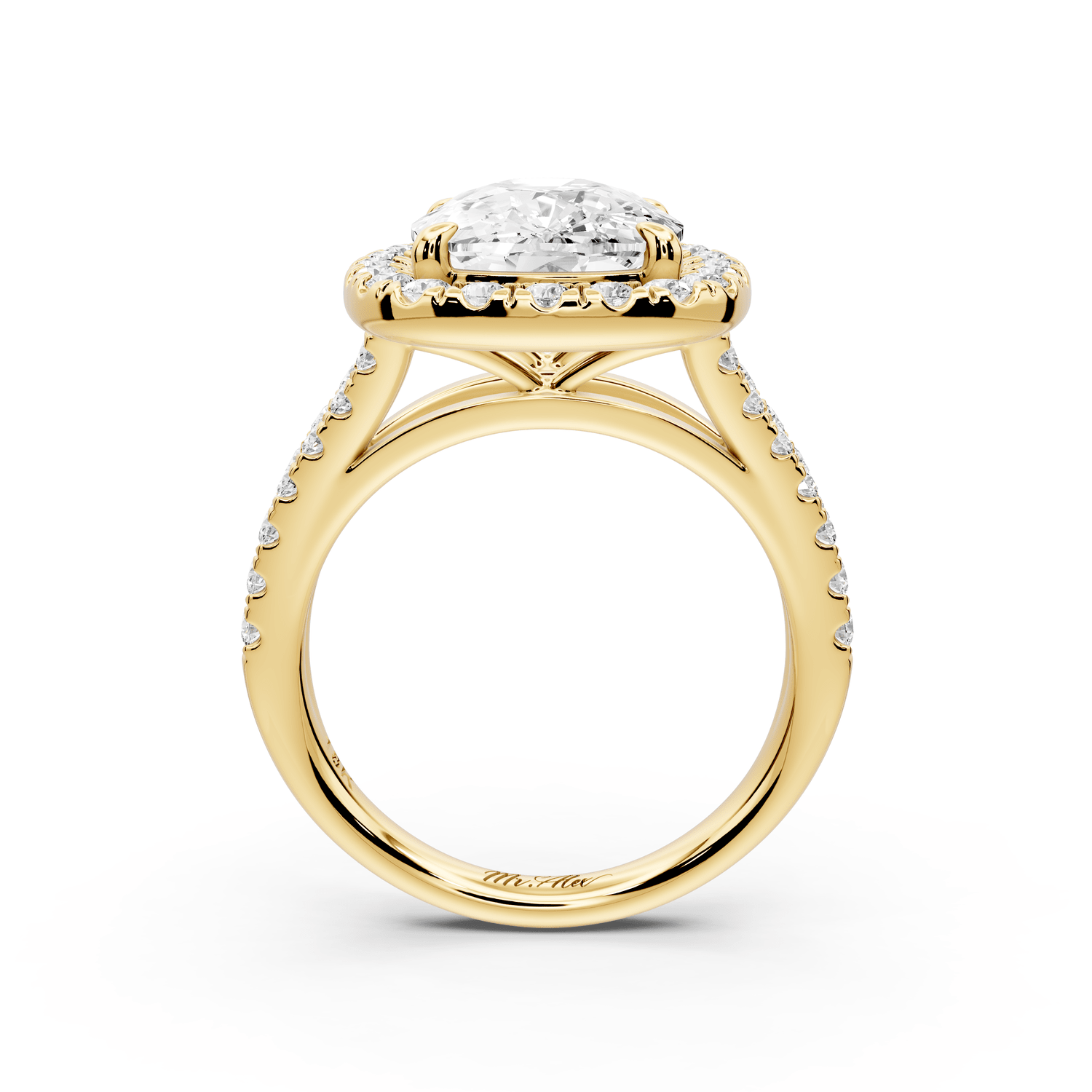 Gabrielle - 5ct 14k yellow gold ecushion Diamond Graduated Halo Pavé Split Shank Engagement Ring - Mr. Alex Jewelry